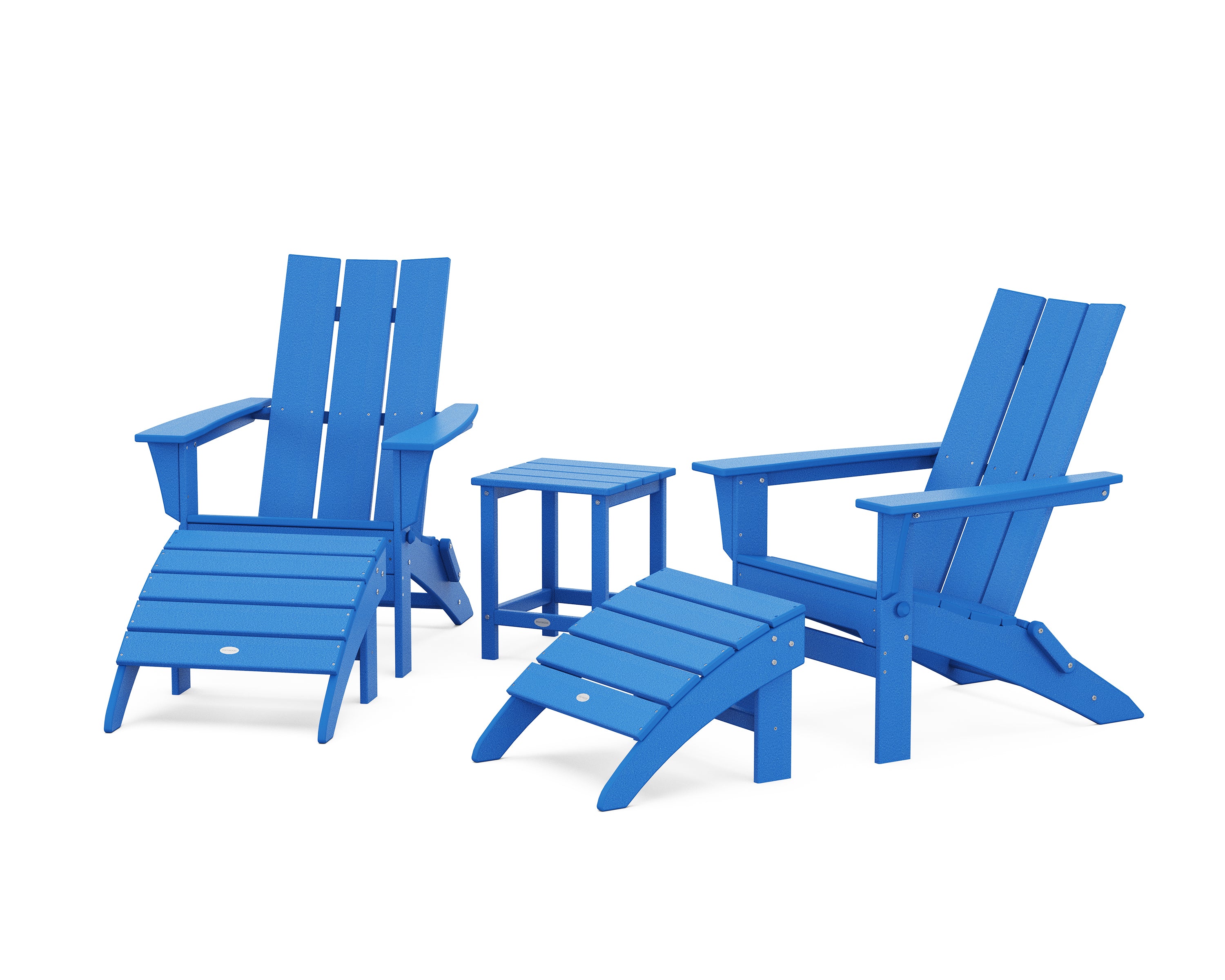 POLYWOOD® Modern Folding Adirondack Chair 5-Piece Set with Ottomans and 18" Side Table in Pacific Blue