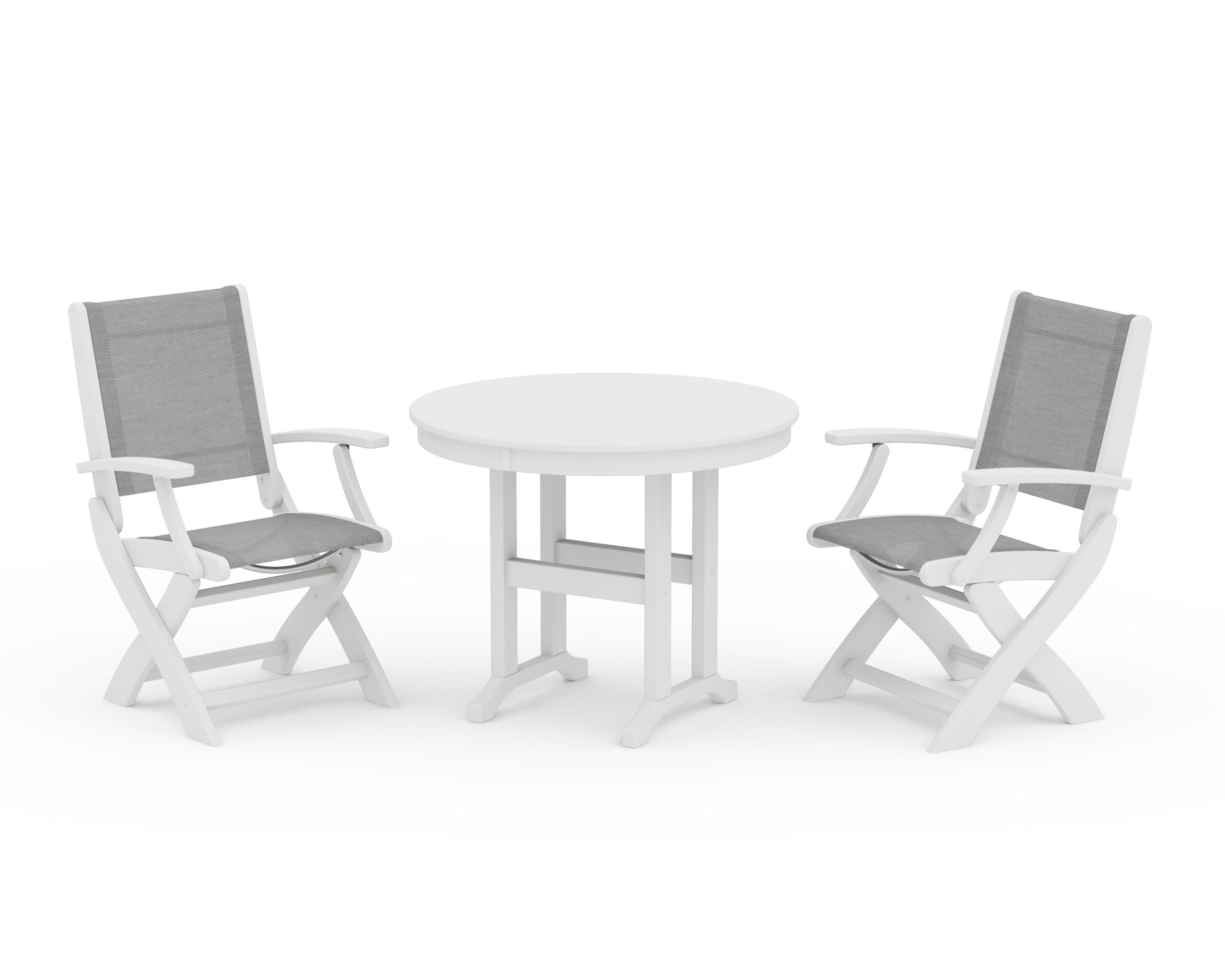 POLYWOOD Coastal Folding Chair 3-Piece Round Dining Set in White / Metallic Sling