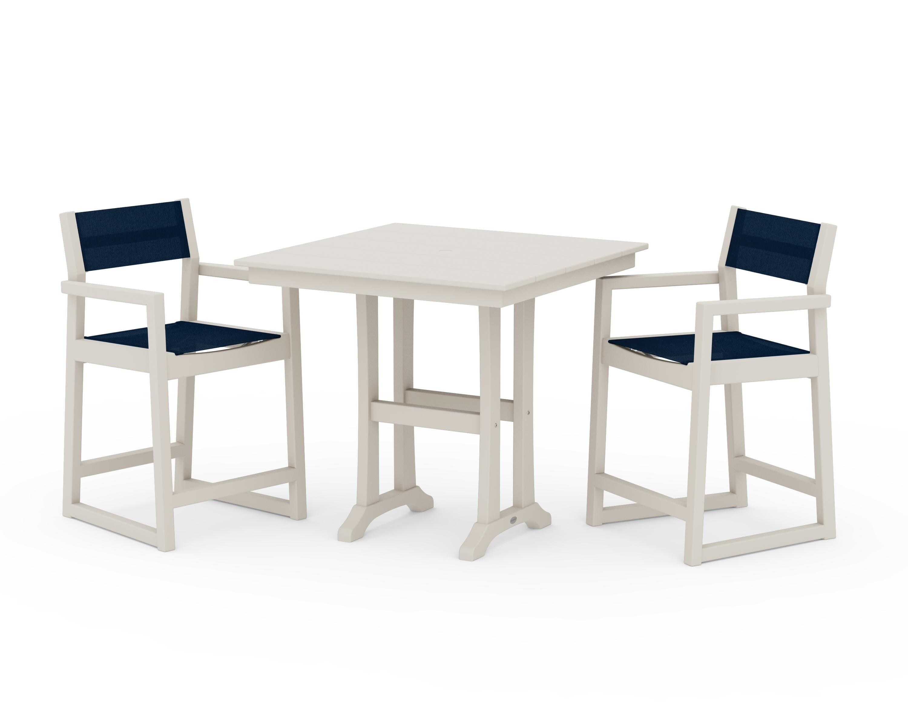 POLYWOOD EDGE Sling Arm Chair 3-Piece Farmhouse Counter Set with Trestle Legs in Sand / Navy Blue Sling