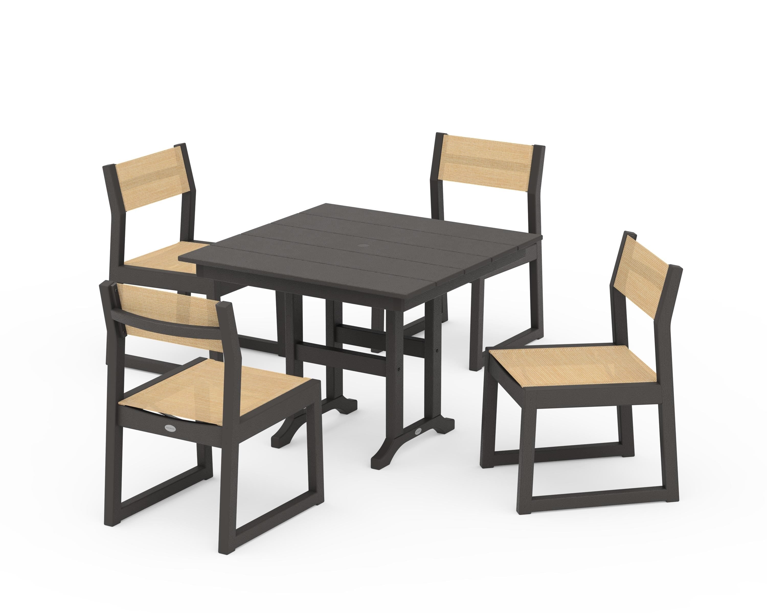 POLYWOOD EDGE Sling Side Chair 5-Piece Farmhouse Dining Set in Vintage Coffee / Dupioni Apricot Sling