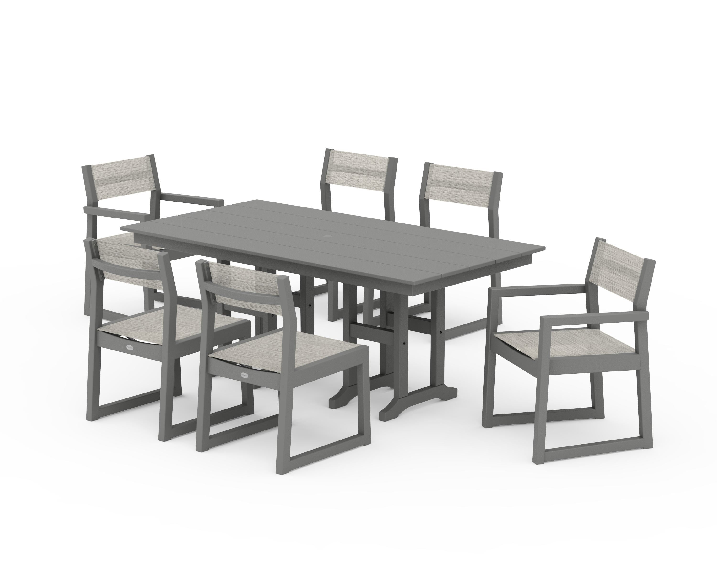 POLYWOOD EDGE Sling 7-Piece Farmhouse Dining Set in Slate Grey / Birch Sling