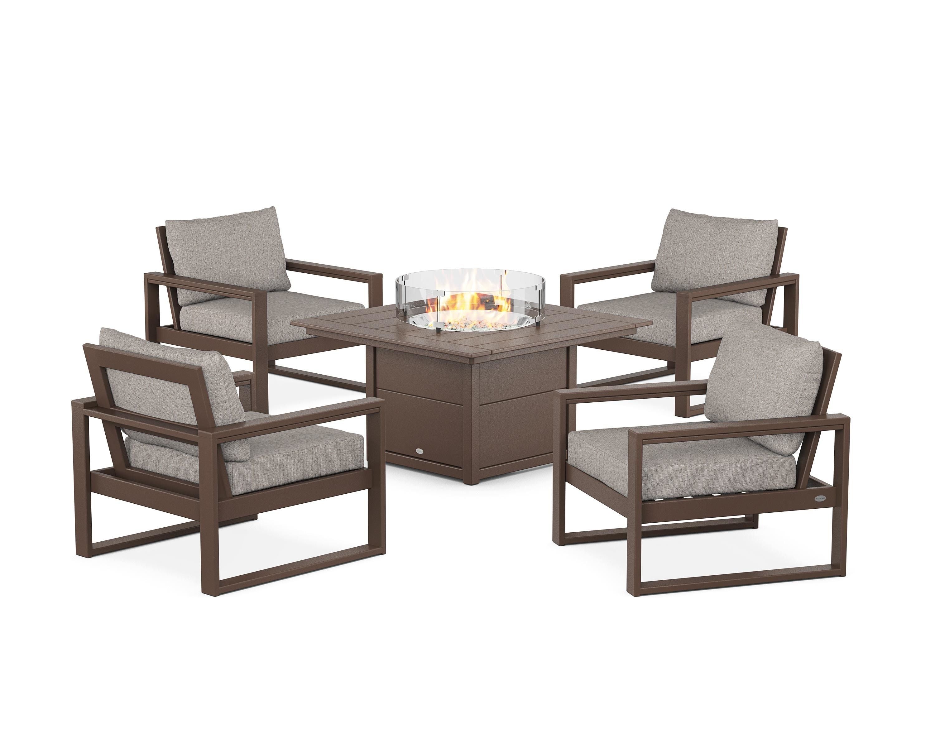 POLYWOOD EDGE Sectional 5-Piece Deep Seating Set with Fire Pit Table in Mahogany / Weathered Tweed