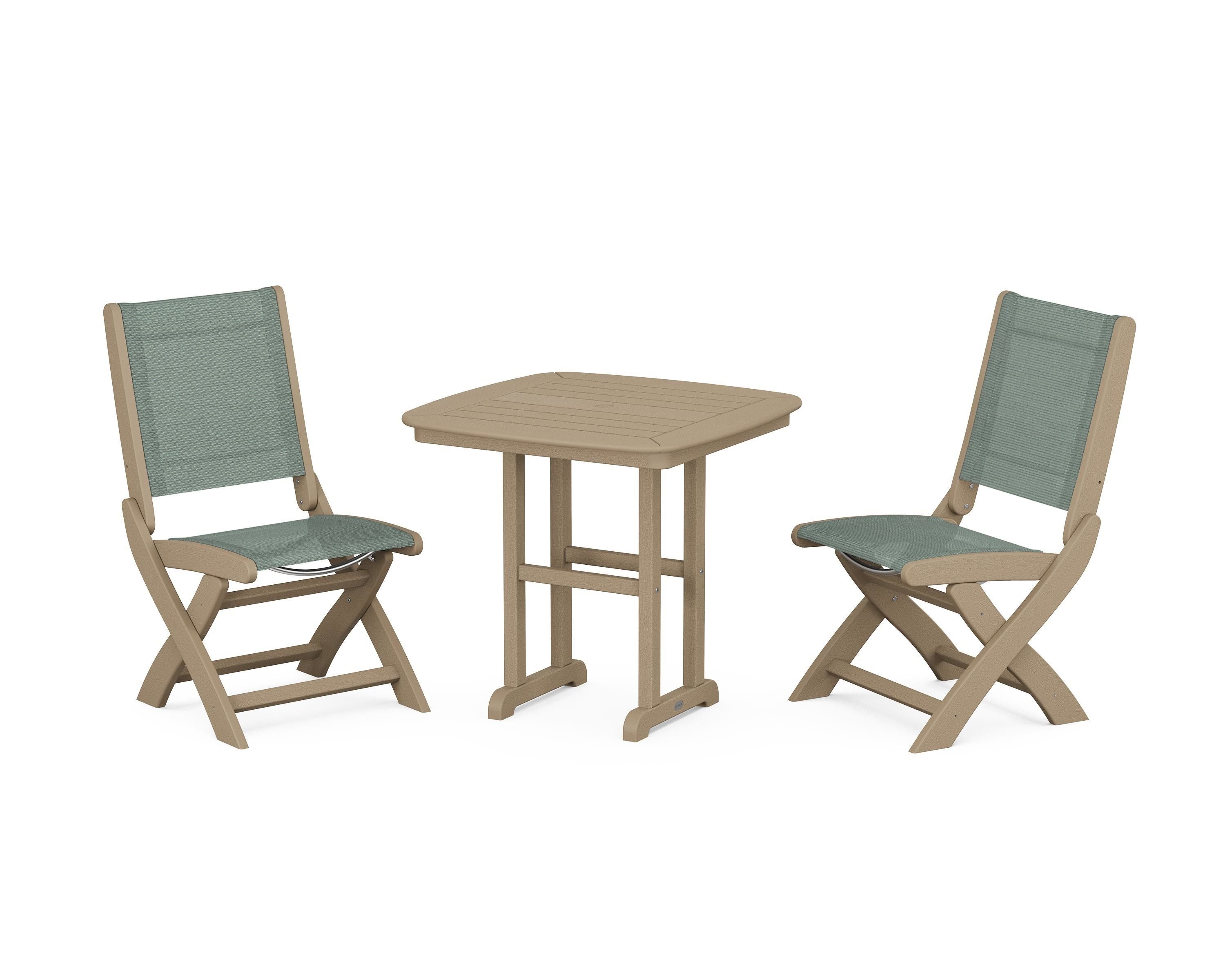 POLYWOOD Coastal Folding Side Chair 3-Piece Dining Set in Vintage Sahara / Dupioni Sea Mist Sling