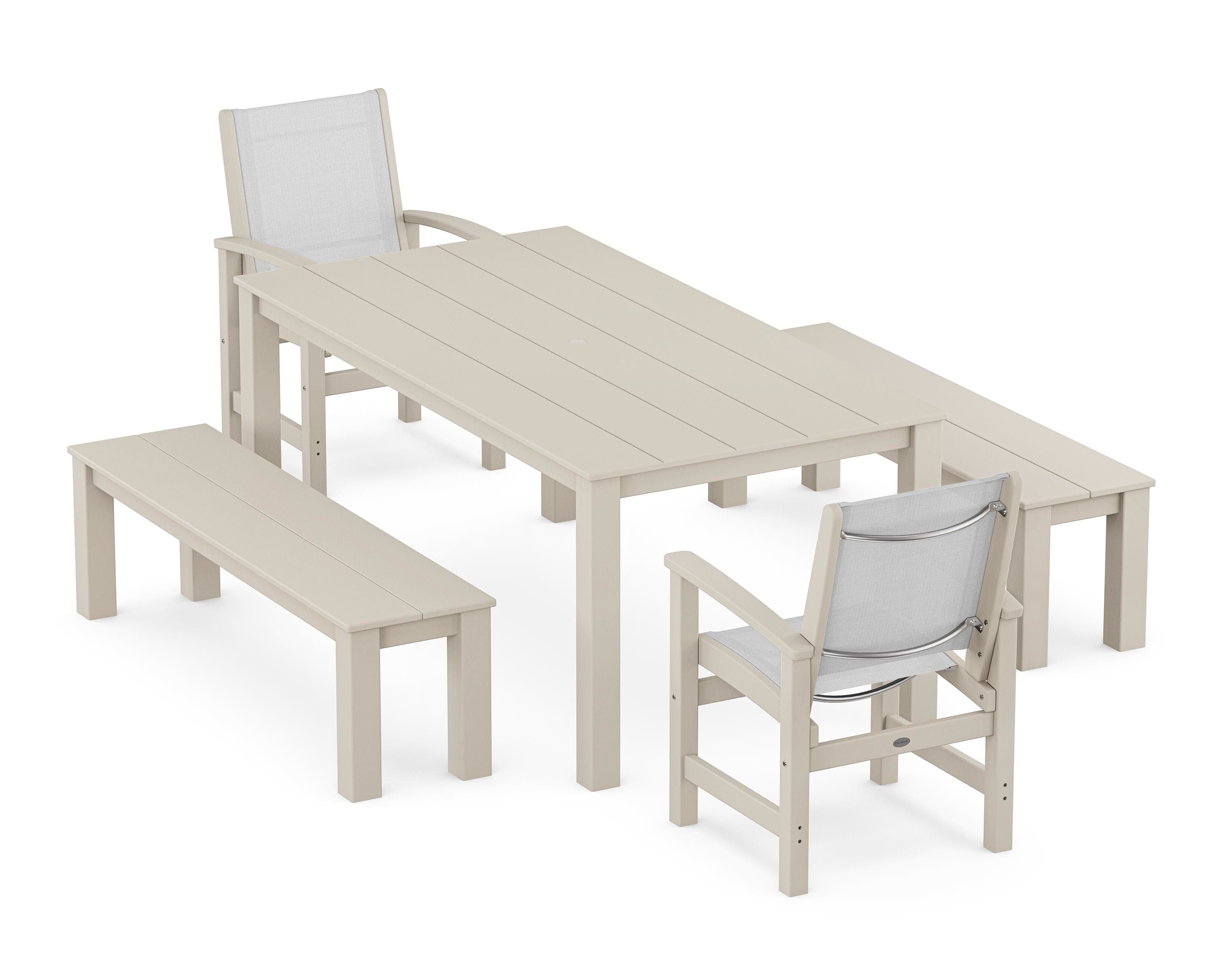 POLYWOOD Coastal 5-Piece Parsons Dining Set with Benches in Sand / White Sling