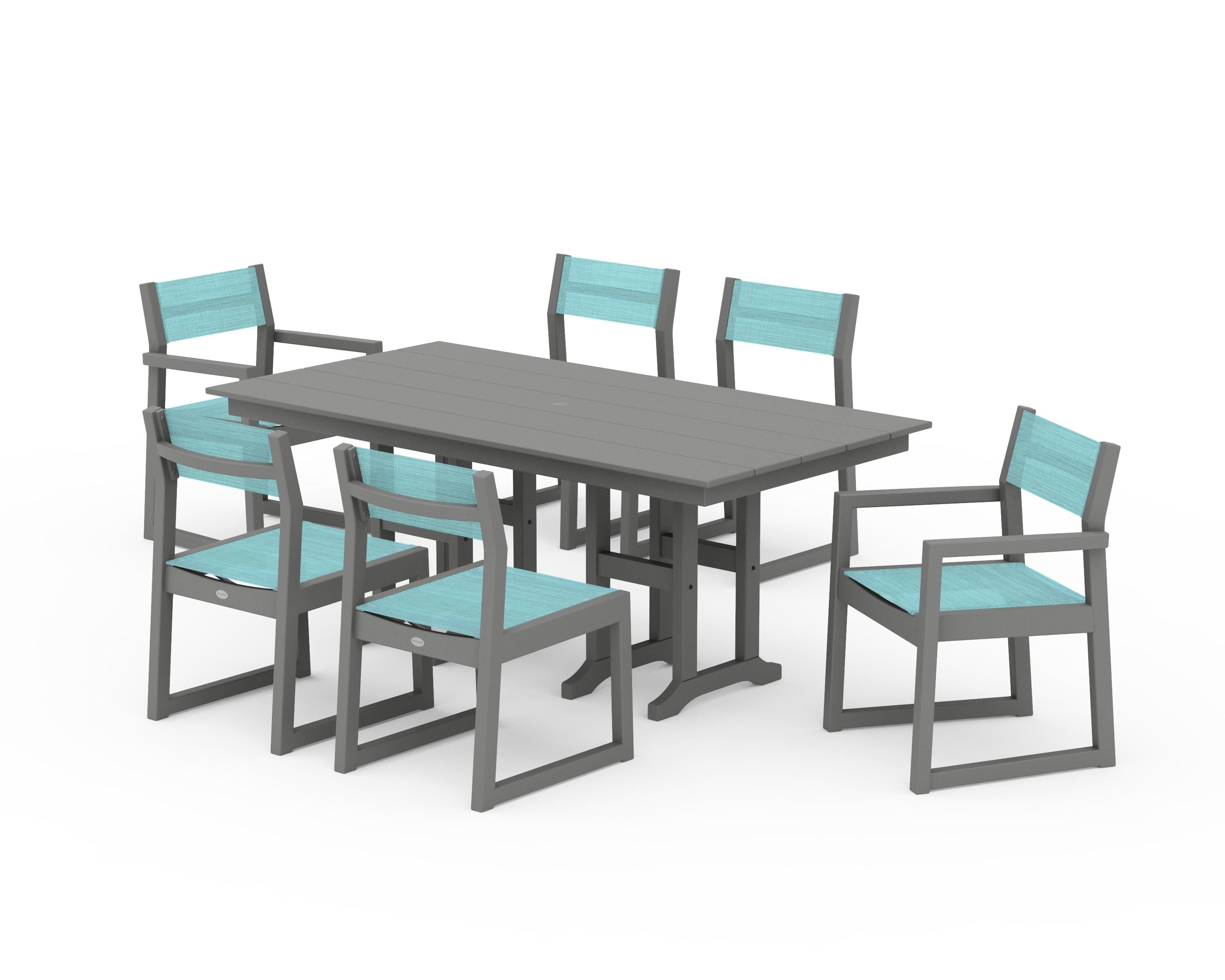 POLYWOOD EDGE Sling 7-Piece Farmhouse Dining Set in Slate Grey / Dupioni Aquamarine Sling