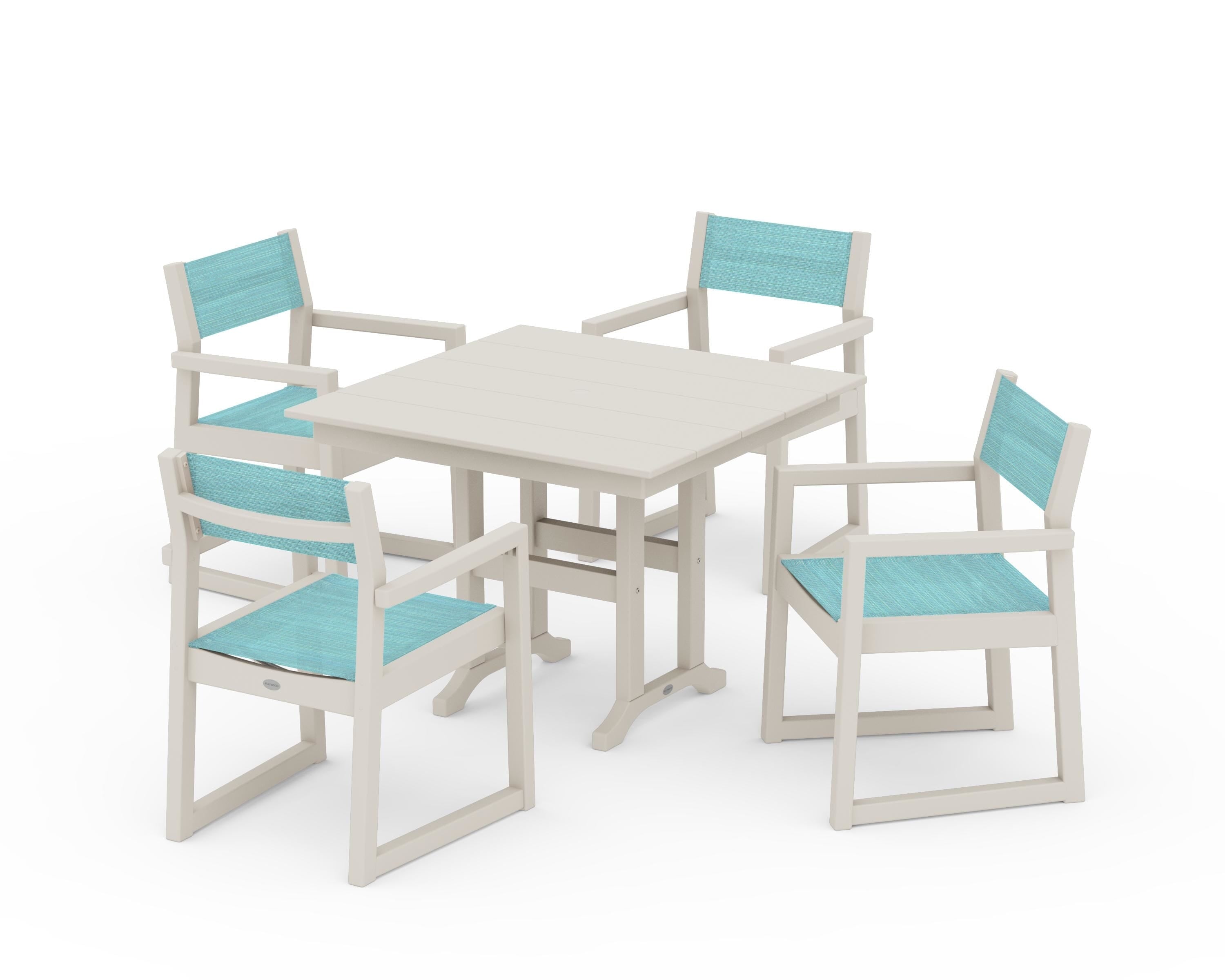 POLYWOOD EDGE Sling Arm Chair 5-Piece Farmhouse Dining Set in Sand / Dupioni Aquamarine Sling