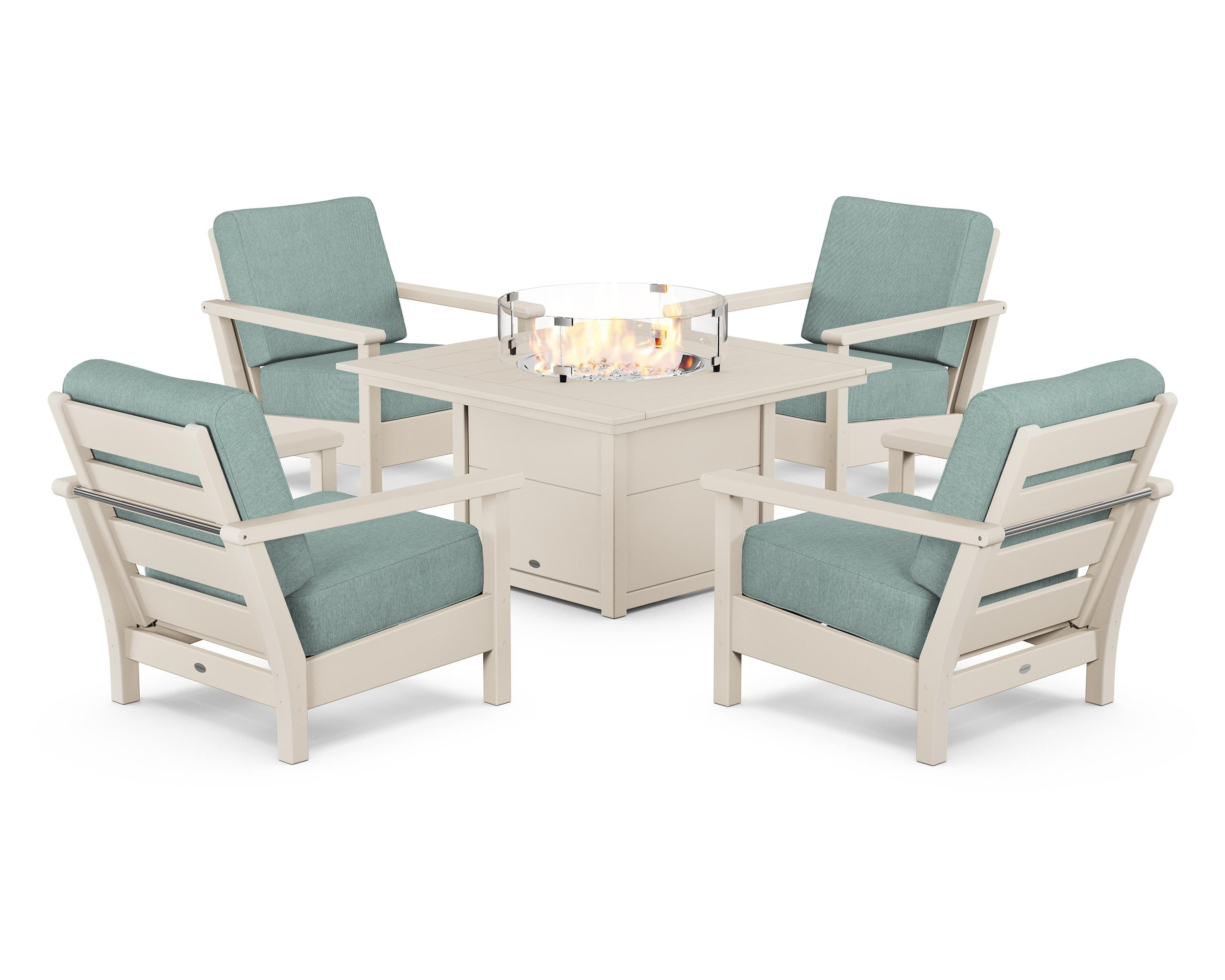 POLYWOOD Harbour 5-Piece Conversation Set with Fire Pit Table in Sand / Glacier Spa