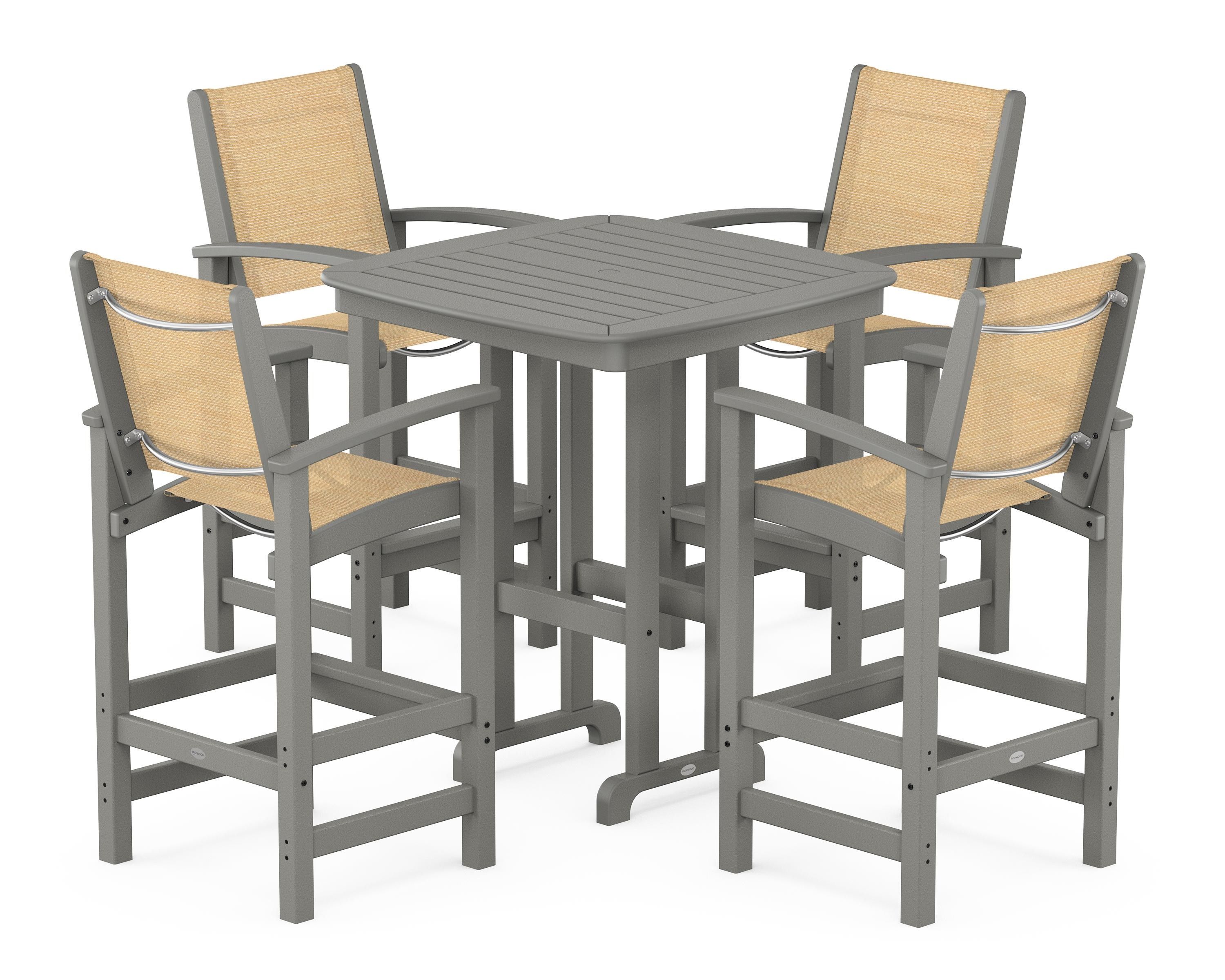 POLYWOOD Coastal 5-Piece Bar Set in Slate Grey / Dupioni Apricot Sling