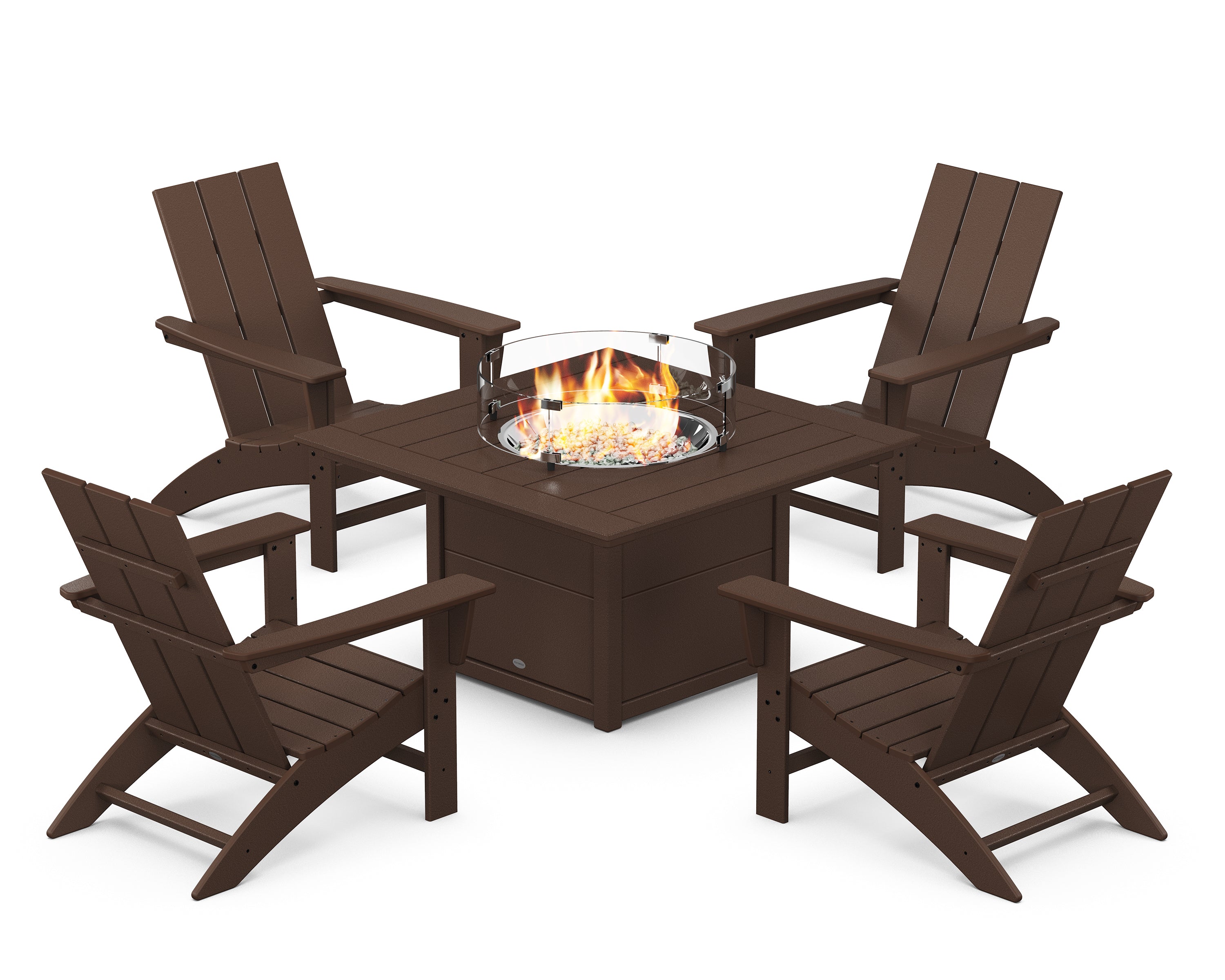 POLYWOOD® Modern 5-Piece Adirondack Chair Conversation Set with Fire Pit Table in Mahogany