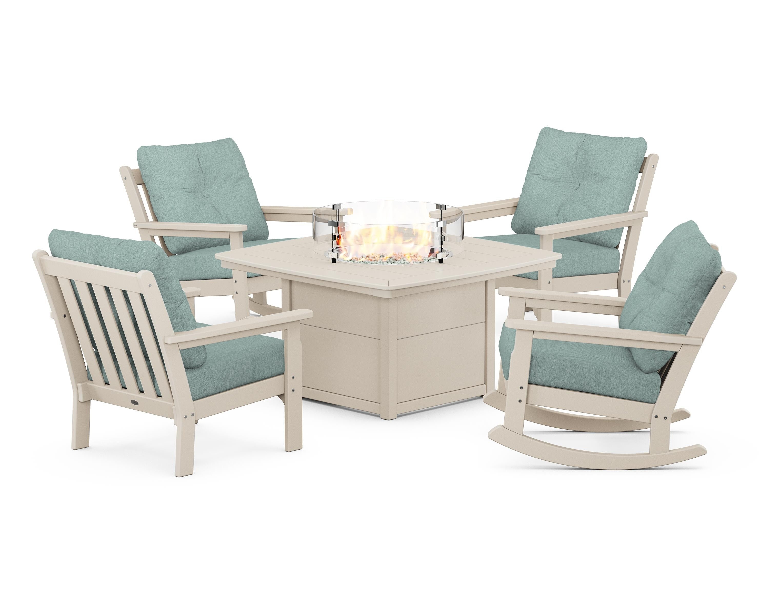 POLYWOOD Vineyard 5-Piece Deep Seating Rocking Chair Conversation Set with Fire Pit Table in Sand / Glacier Spa