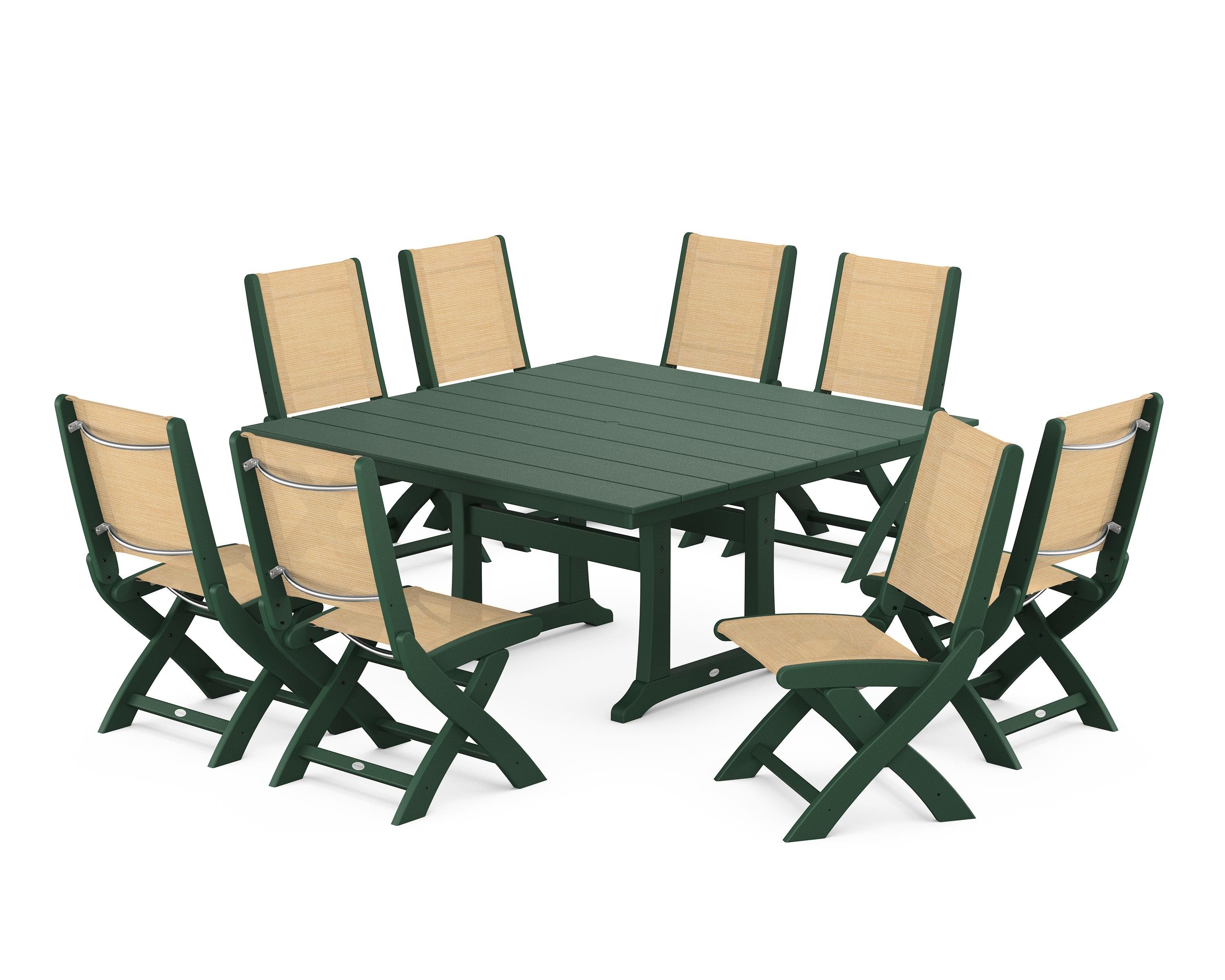POLYWOOD Coastal Folding Side Chair 9-Piece Farmhouse Dining Set in Green / Dupioni Apricot Sling