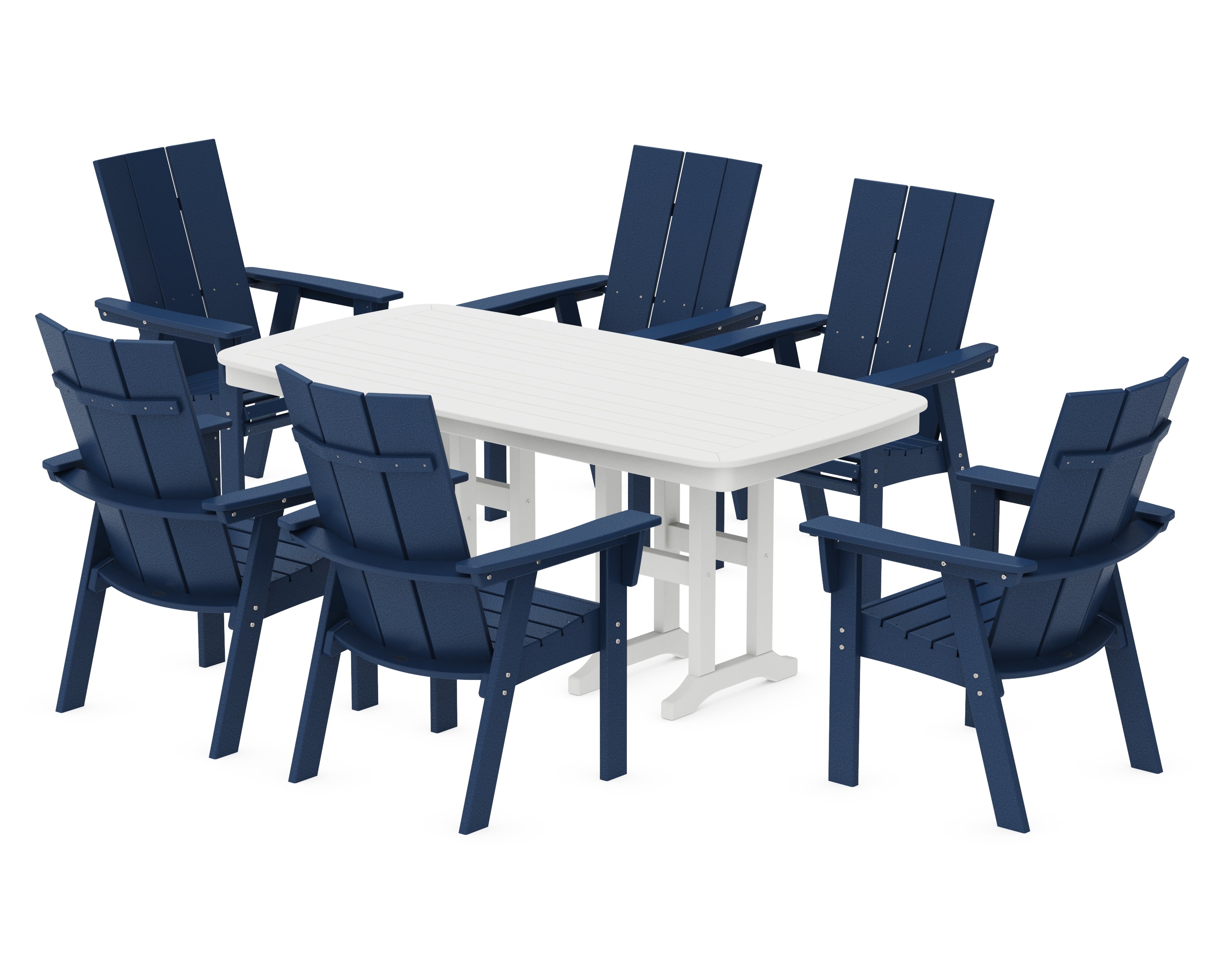 POLYWOOD Modern Curveback Adirondack 7-Piece Dining Set in Navy / White