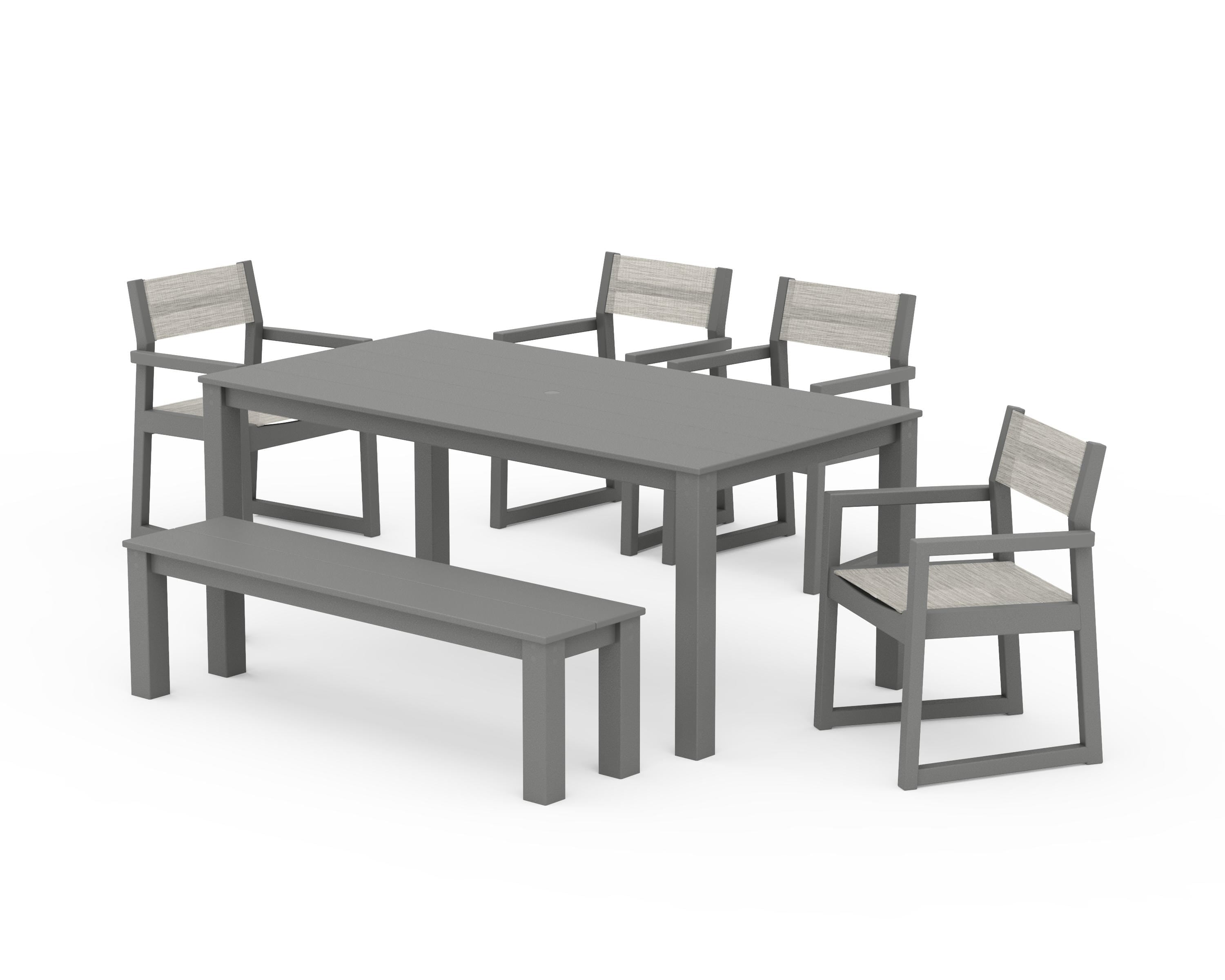 POLYWOOD EDGE Sling Arm Chair 6-Piece Parsons Dining Set with Bench in Slate Grey / Birch Sling