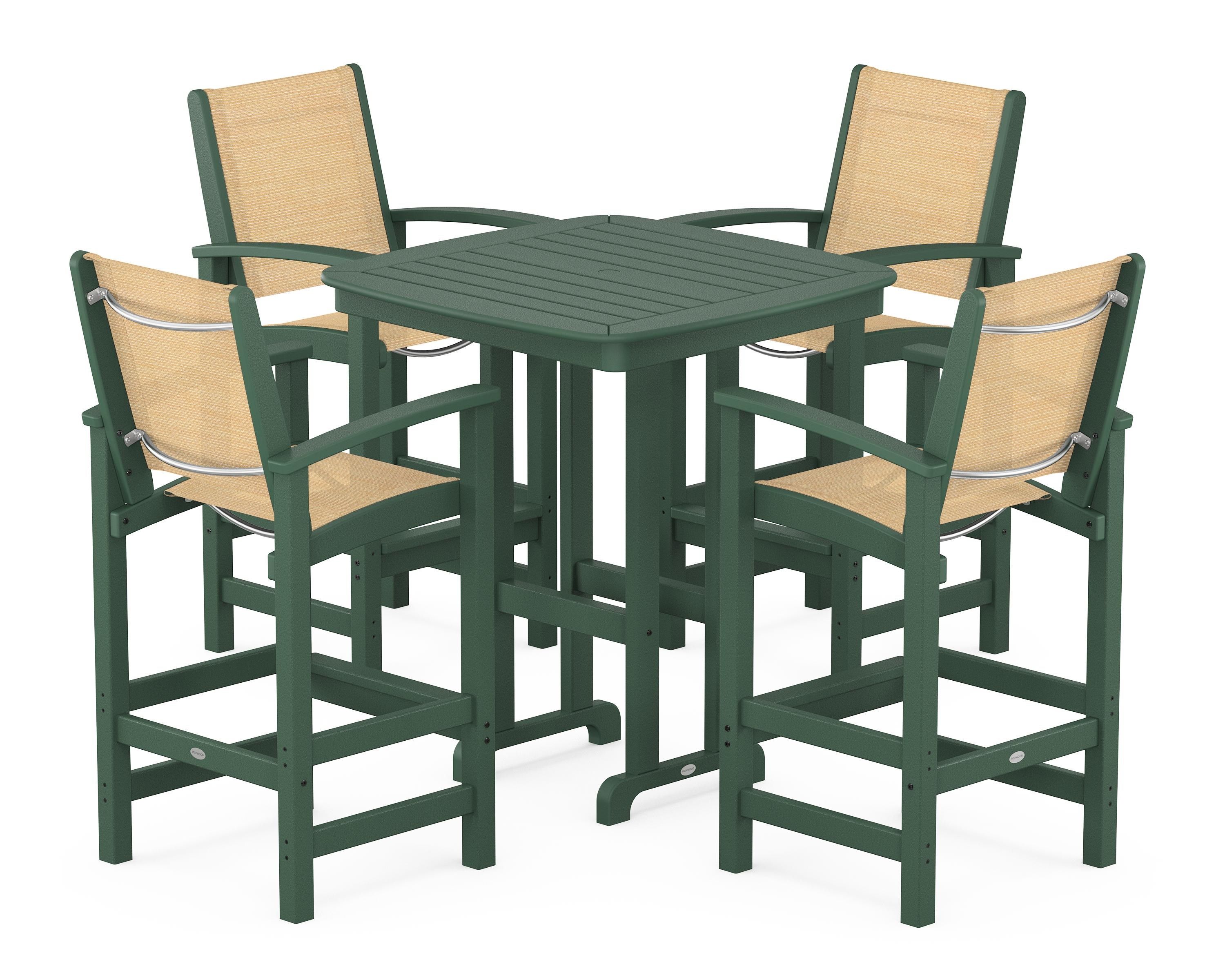 POLYWOOD Coastal 5-Piece Bar Set in Green / Dupioni Apricot Sling