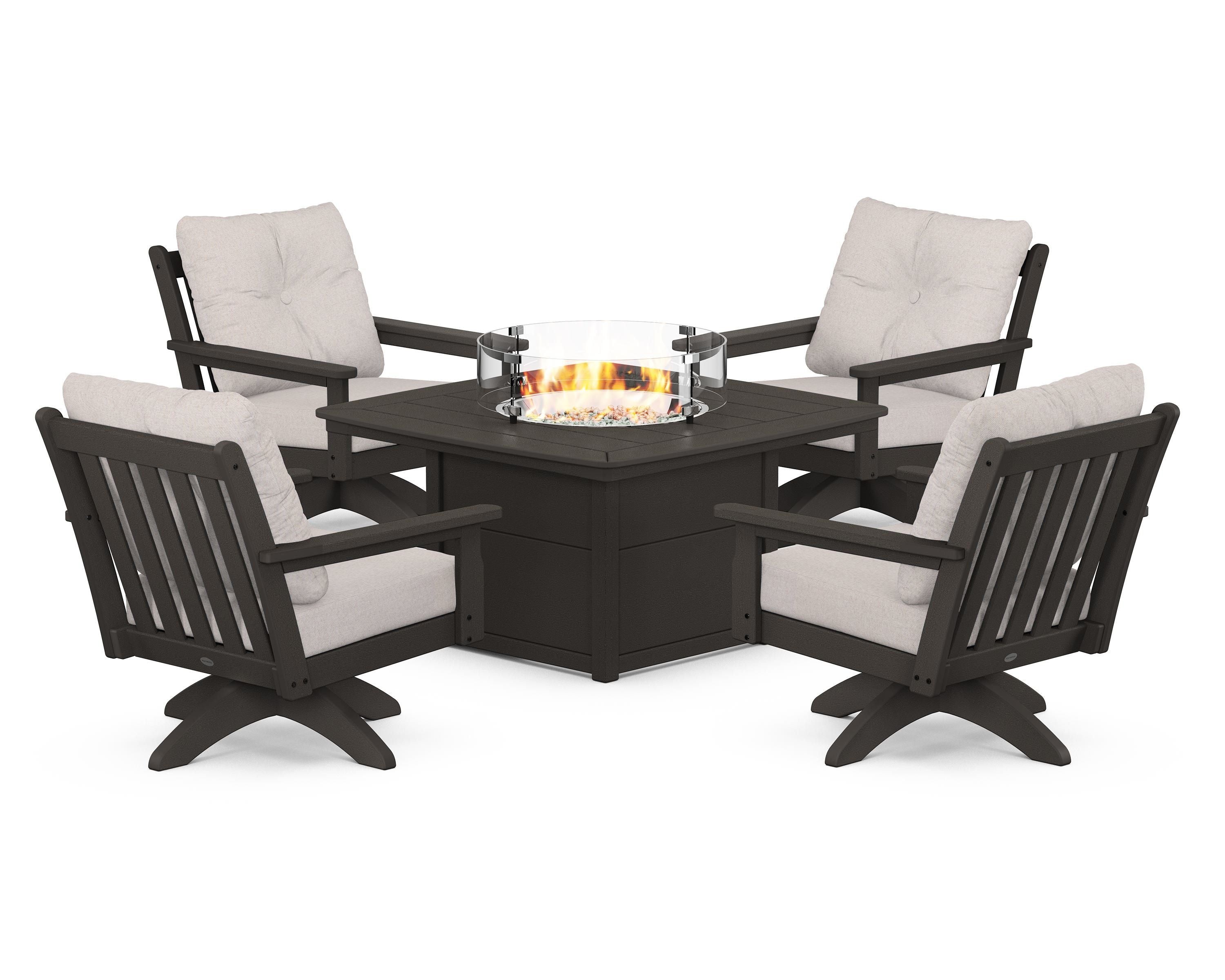 POLYWOOD Vineyard 5-Piece Deep Seating Swivel Conversation Set with Fire Pit Table in Vintage Coffee / Dune Burlap