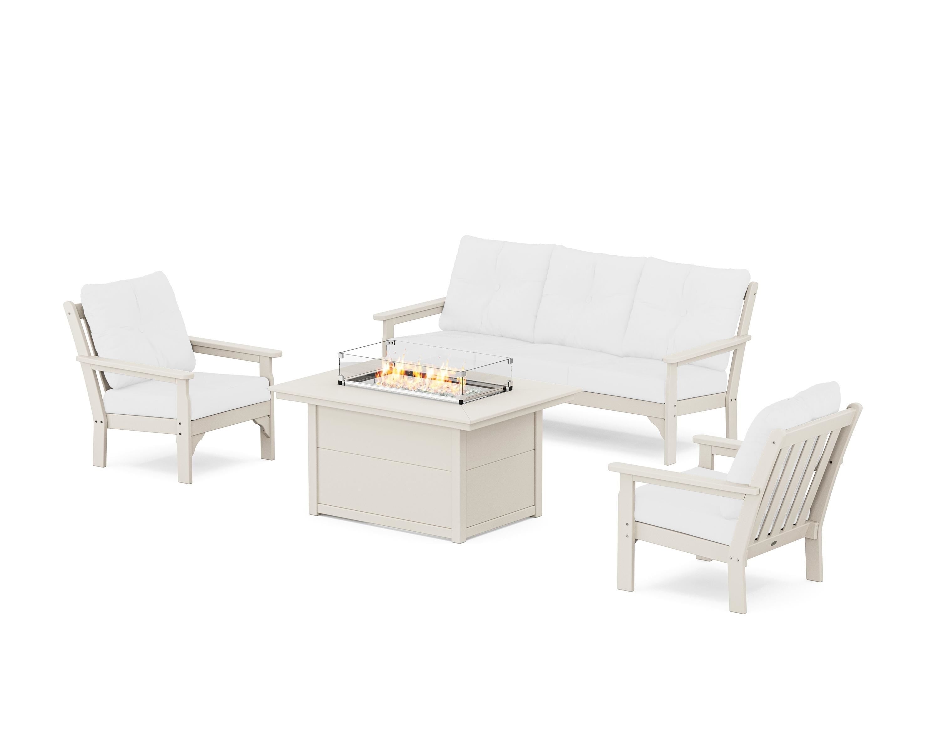 POLYWOOD Vineyard Deep Seating Fire Pit Table Set in Sand / Natural