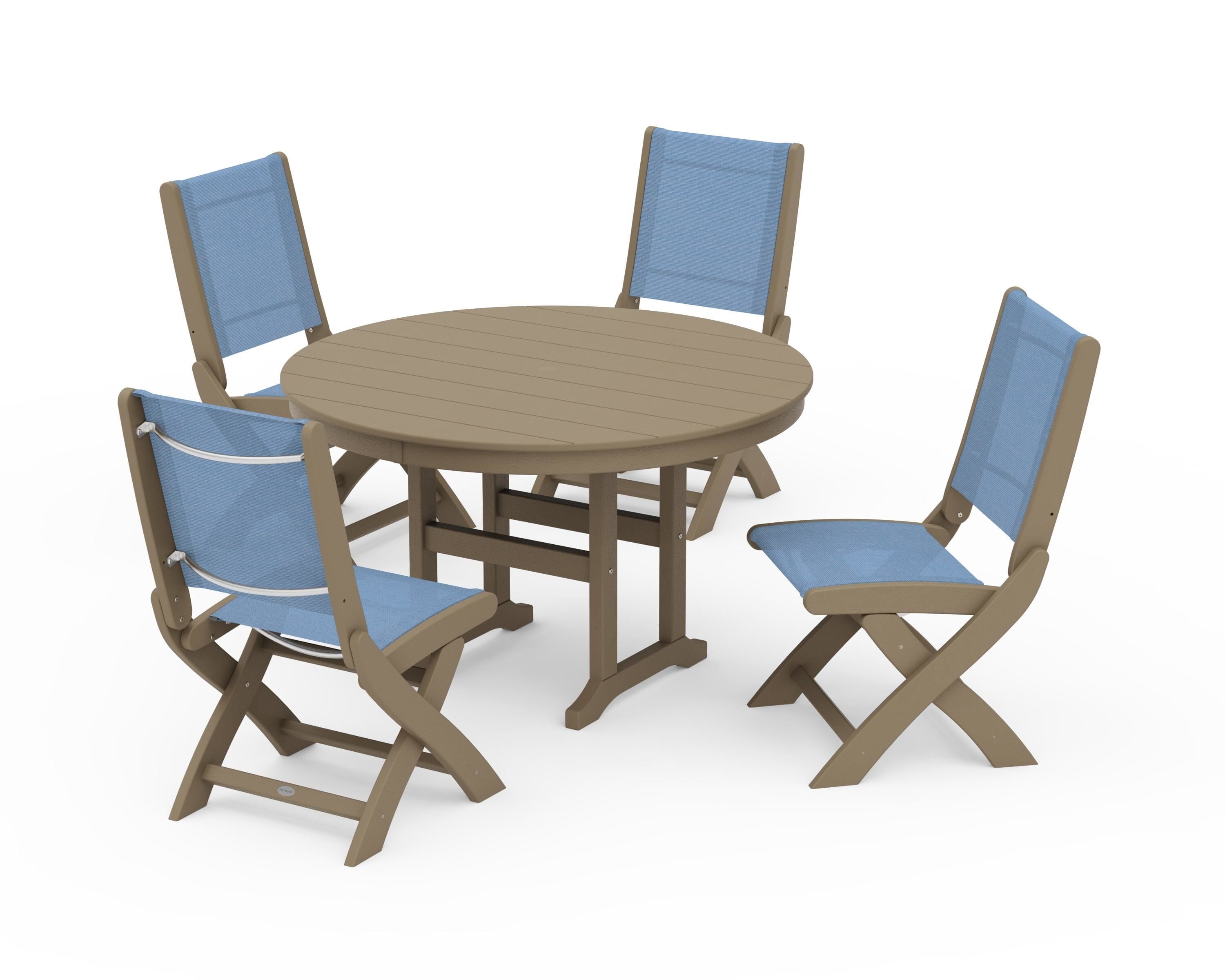 POLYWOOD Coastal Folding Side Chair 5-Piece Round Dining Set in Vintage Sahara / Poolside Sling