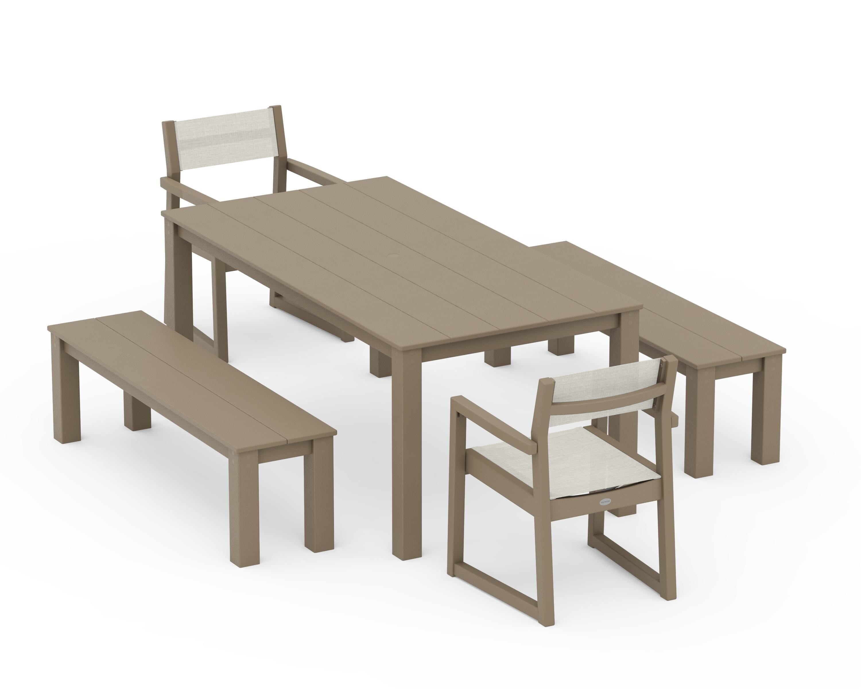 POLYWOOD EDGE Sling Arm Chair 5-Piece Parsons Dining Set with Benches in Vintage Sahara / Parchment Sling