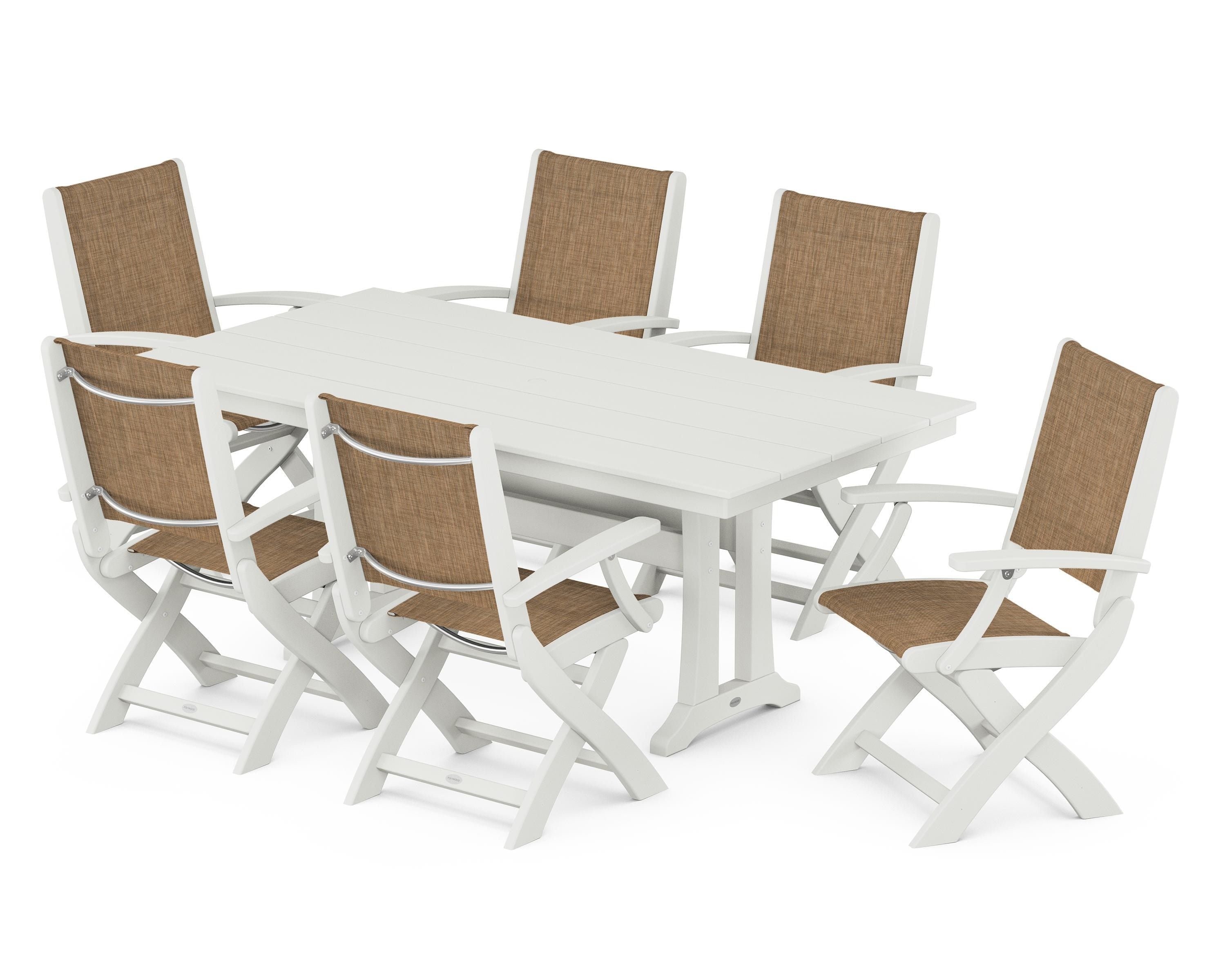 POLYWOOD Coastal Folding Arm Chair 7-Piece Farmhouse Dining Set with Trestle Legs in Vintage White / Burlap Sling