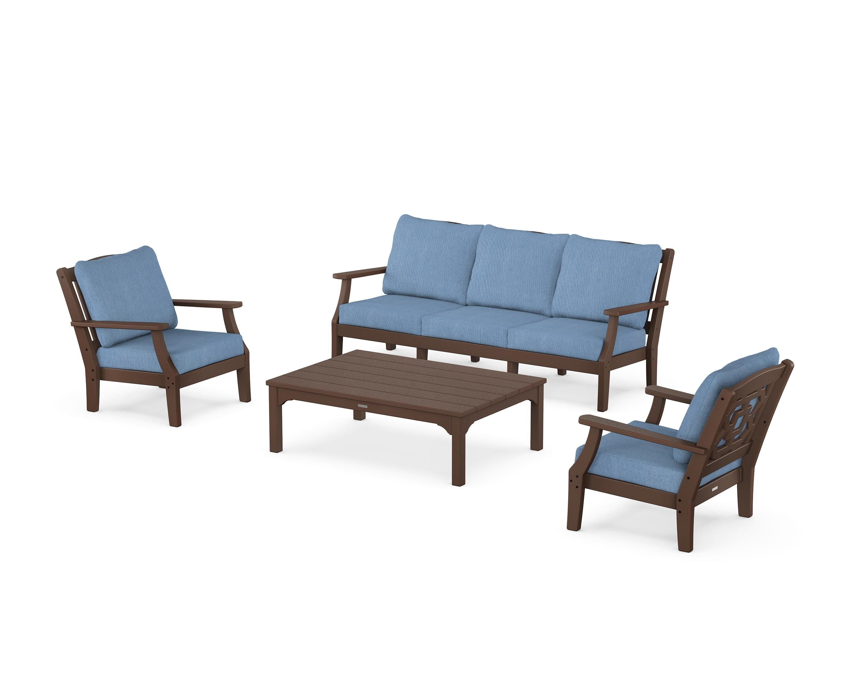Martha Stewart by POLYWOOD Chinoiserie 4-Piece Deep Seating Set with Sofa in Mahogany / Sky Blue