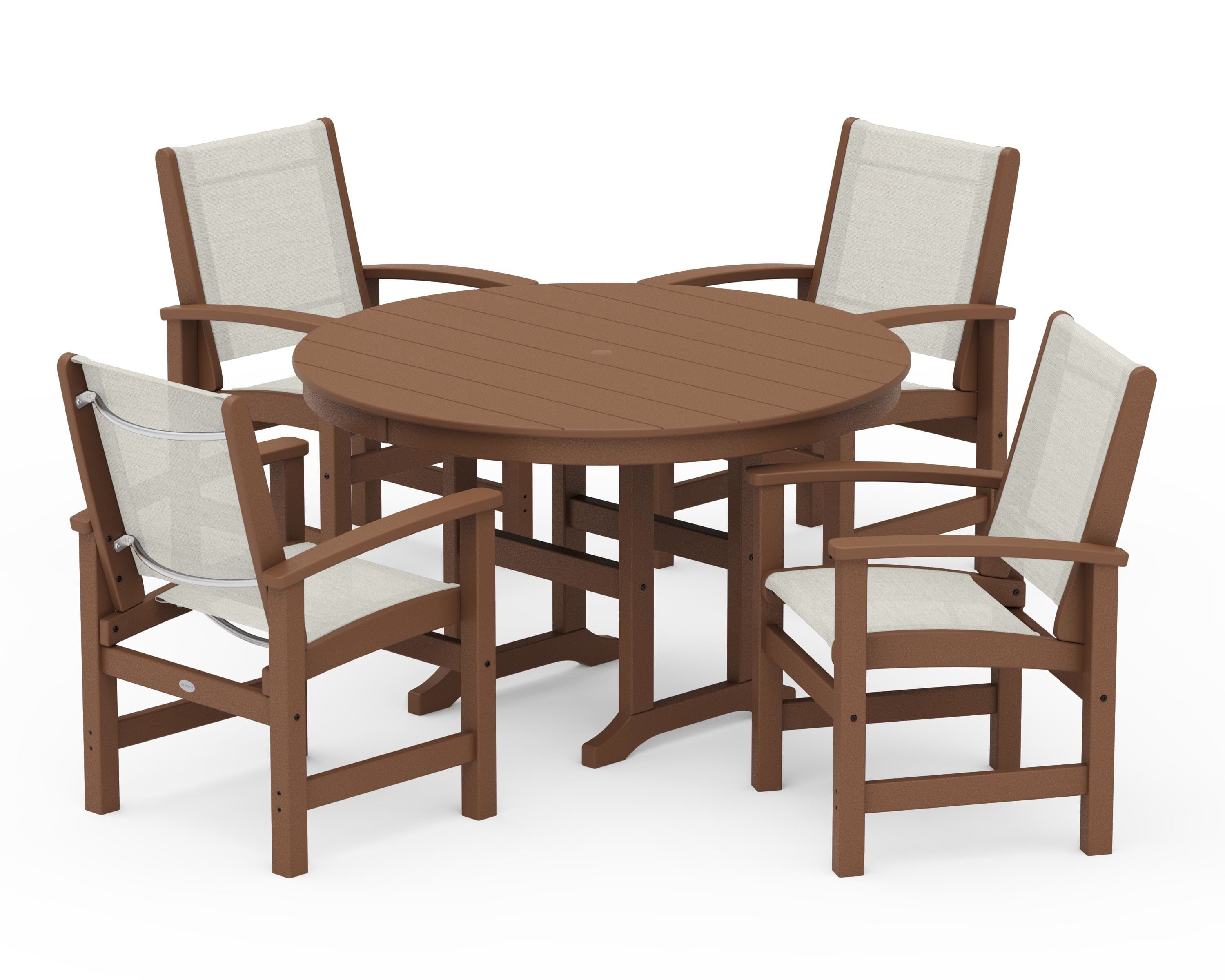 POLYWOOD Coastal 5-Piece Round Farmhouse Dining Set in Teak / Parchment Sling