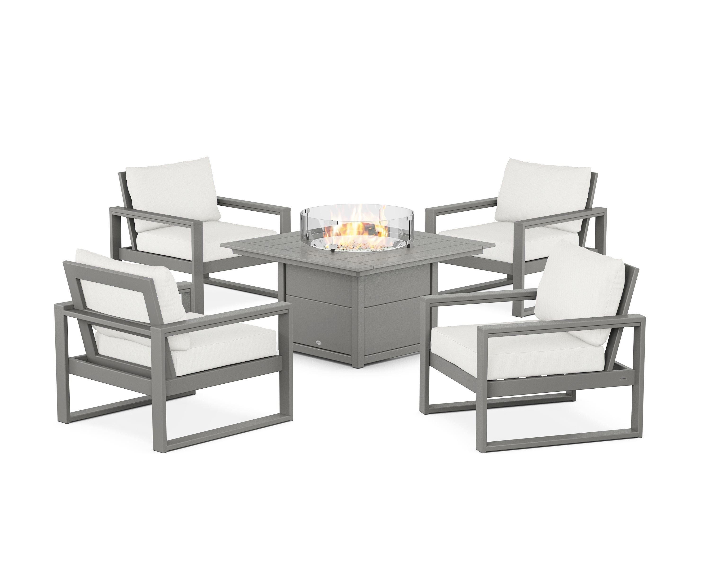 POLYWOOD EDGE Sectional 5-Piece Deep Seating Set with Fire Pit Table in Slate Grey / Natural Linen