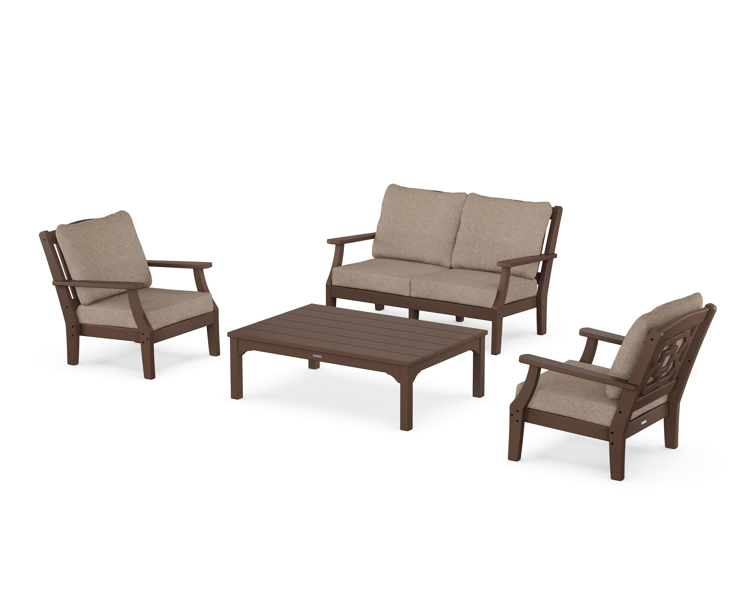 Martha Stewart by POLYWOOD Chinoiserie 4-Piece Deep Seating Set with Loveseat in Mahogany / Spiced Burlap