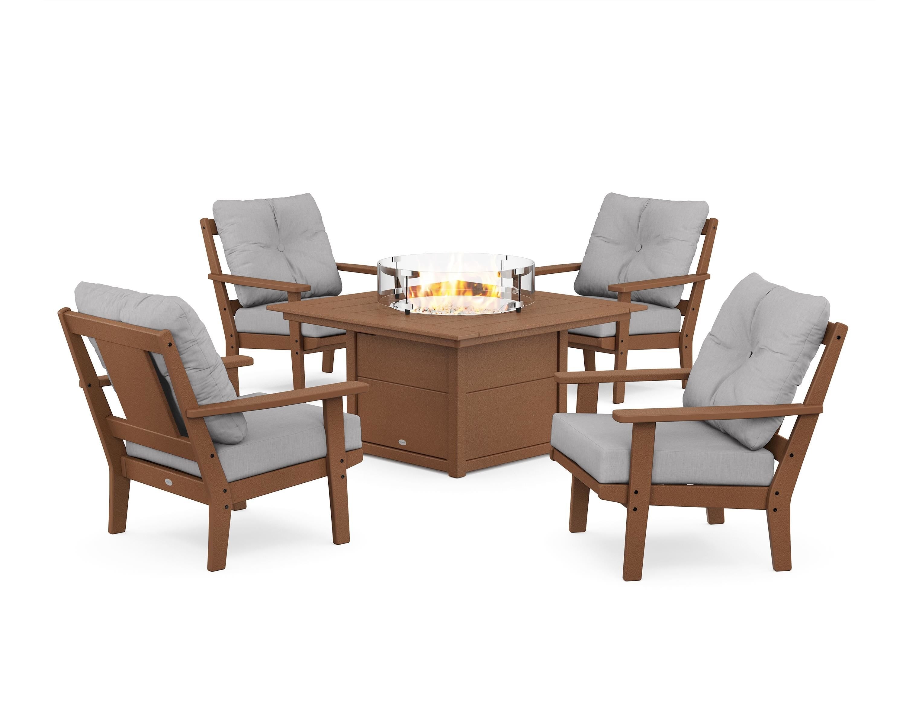 POLYWOOD Prairie 5-Piece Deep Seating Set with Fire Pit Table in Teak / Granite