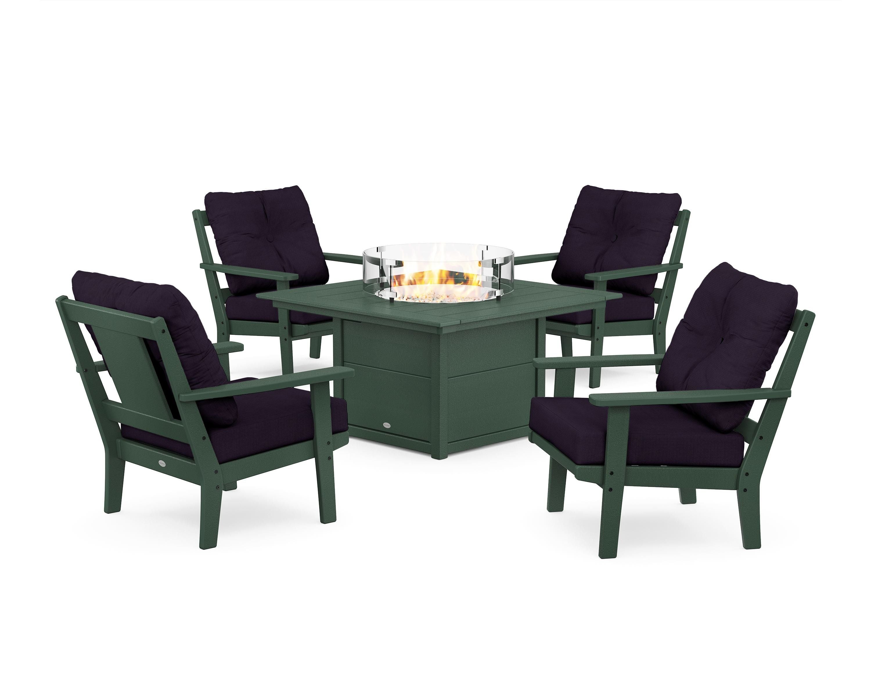 POLYWOOD Prairie 5-Piece Deep Seating Set with Fire Pit Table in Green / Navy Linen