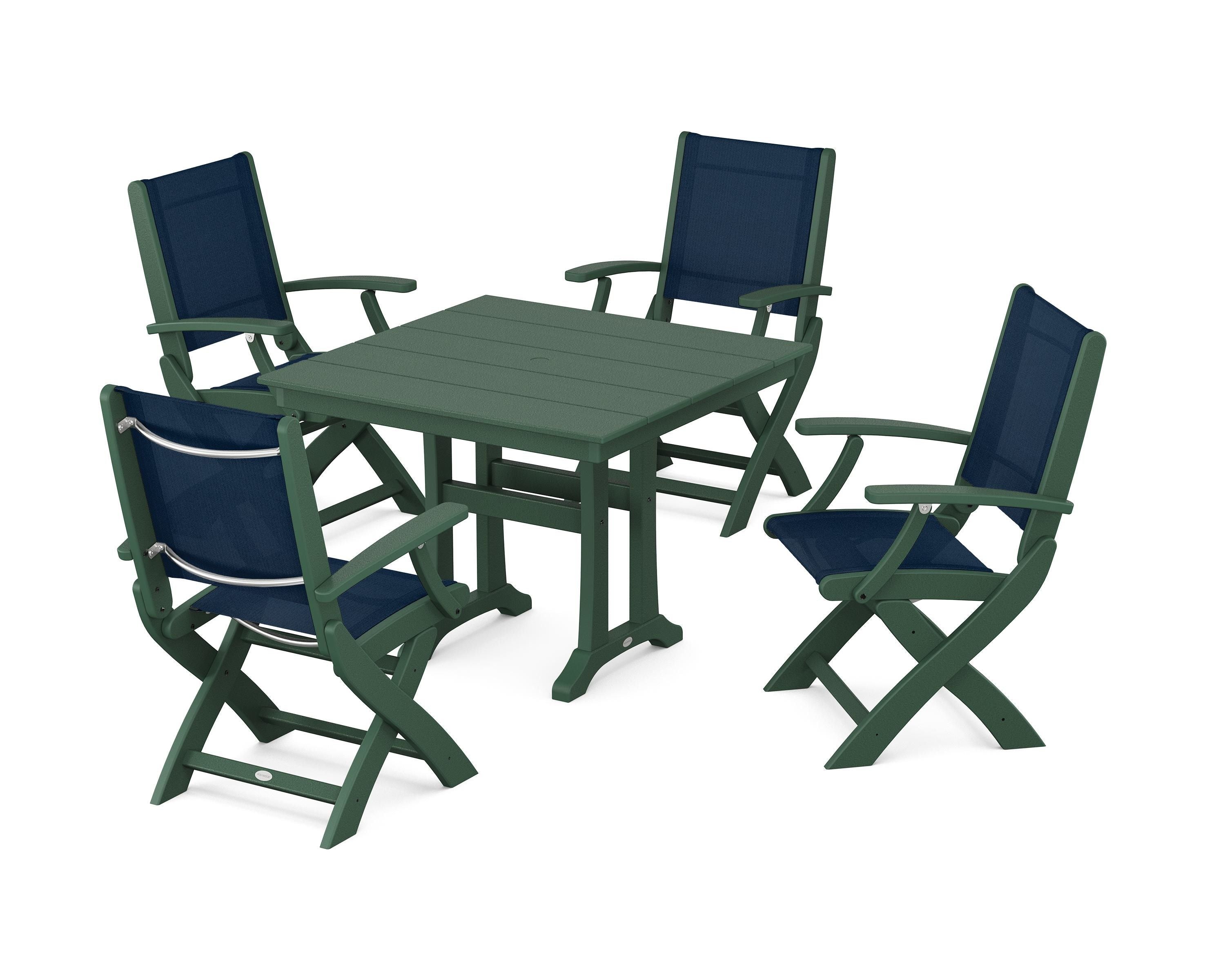 POLYWOOD Coastal Folding Chair 5-Piece Farmhouse Dining Set With Trestle Legs in Green / Navy Blue Sling