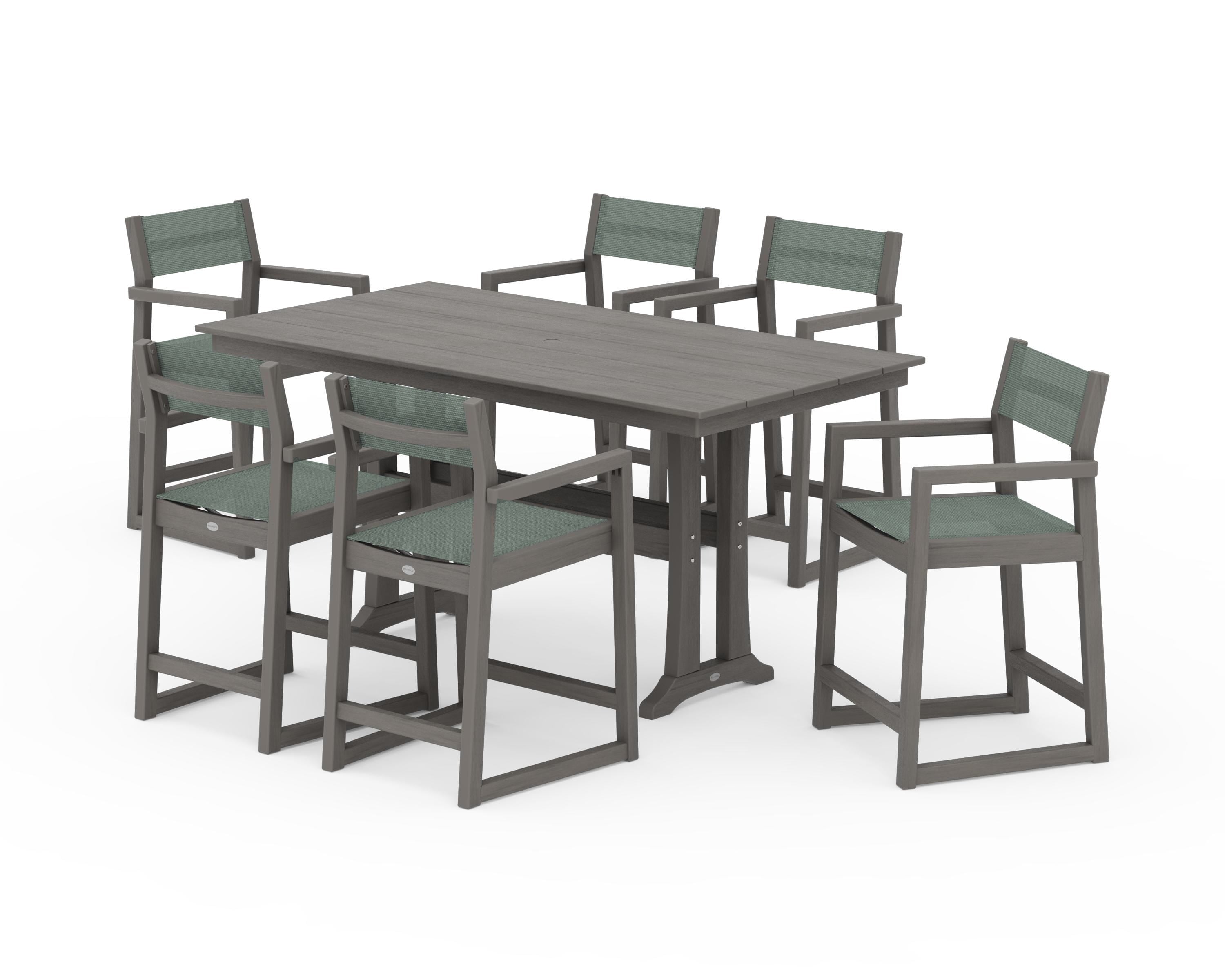 POLYWOOD EDGE Sling Arm Chair 7-Piece Farmhouse Counter Set with Trestle Legs in Driftwood / Dupioni Sea Mist Sling
