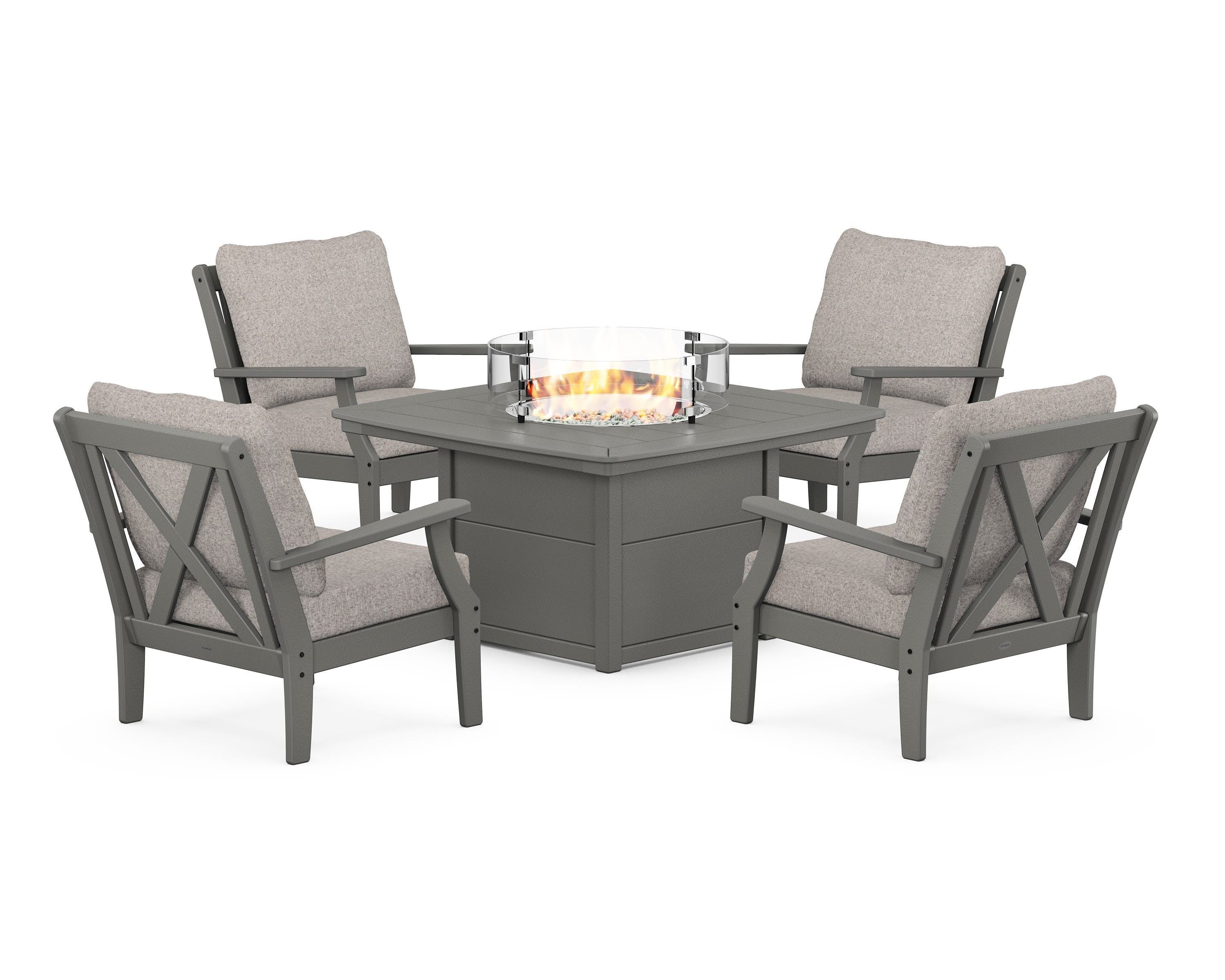 POLYWOOD Braxton 5-Piece Deep Seating Conversation Set with Fire Pit Table in Slate Grey / Weathered Tweed