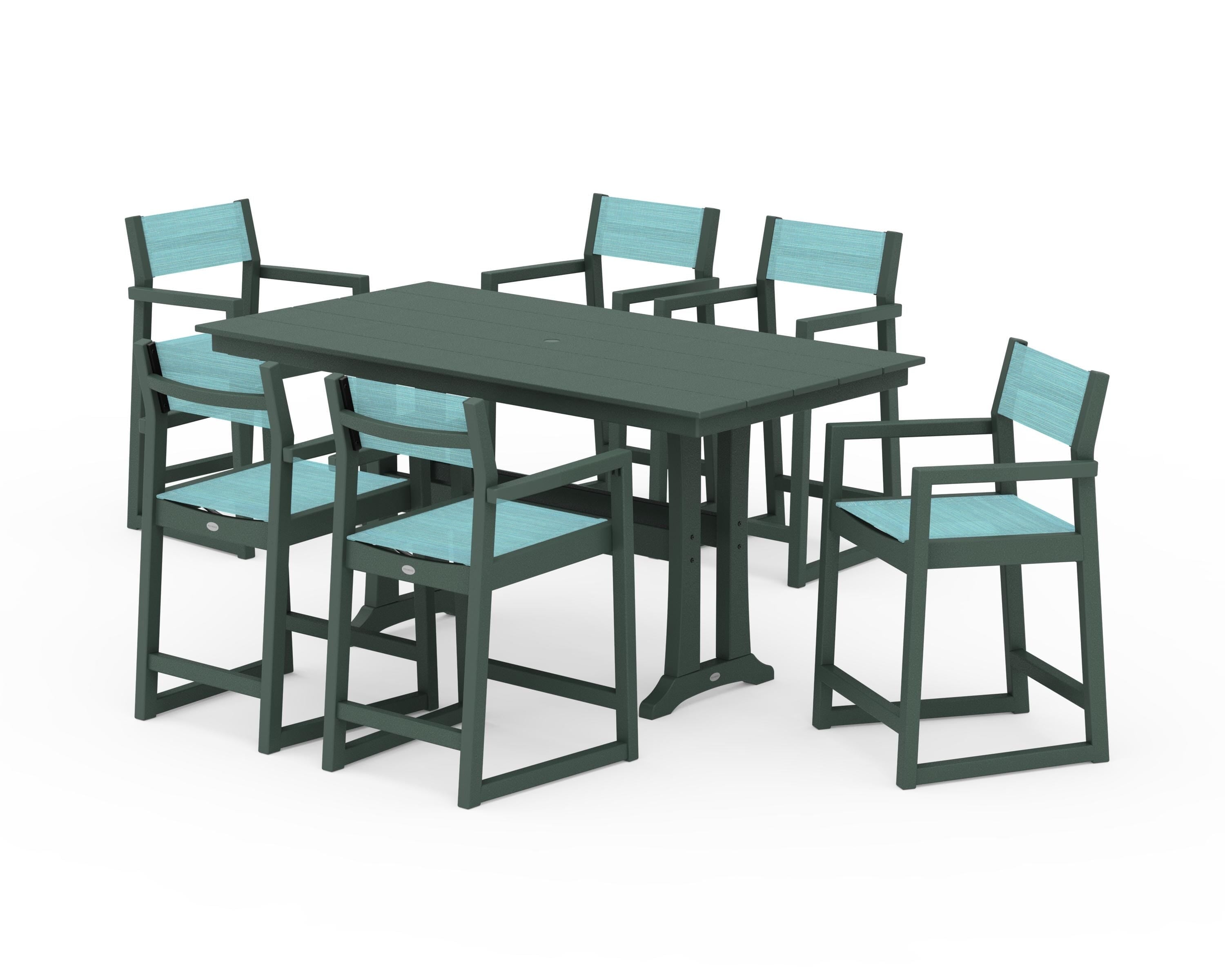 POLYWOOD EDGE Sling Arm Chair 7-Piece Farmhouse Counter Set with Trestle Legs in Green / Dupioni Aquamarine Sling