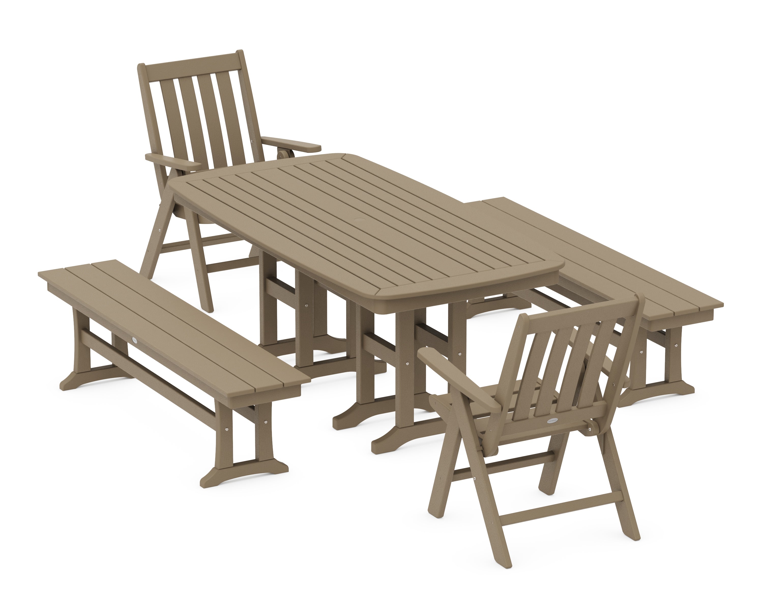 POLYWOOD Vineyard Folding Chair 6-Piece Dining Set with Benches in Vintage Sahara