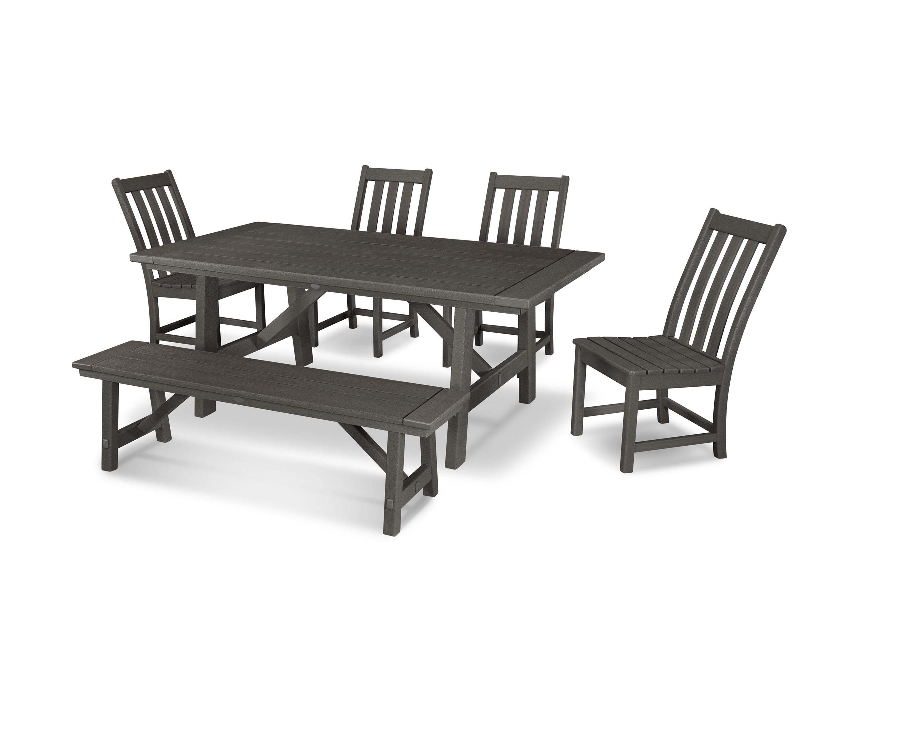 POLYWOOD® Vineyard 6-Piece Rustic Farmhouse Side Chair Dining Set with Bench in Vintage Coffee