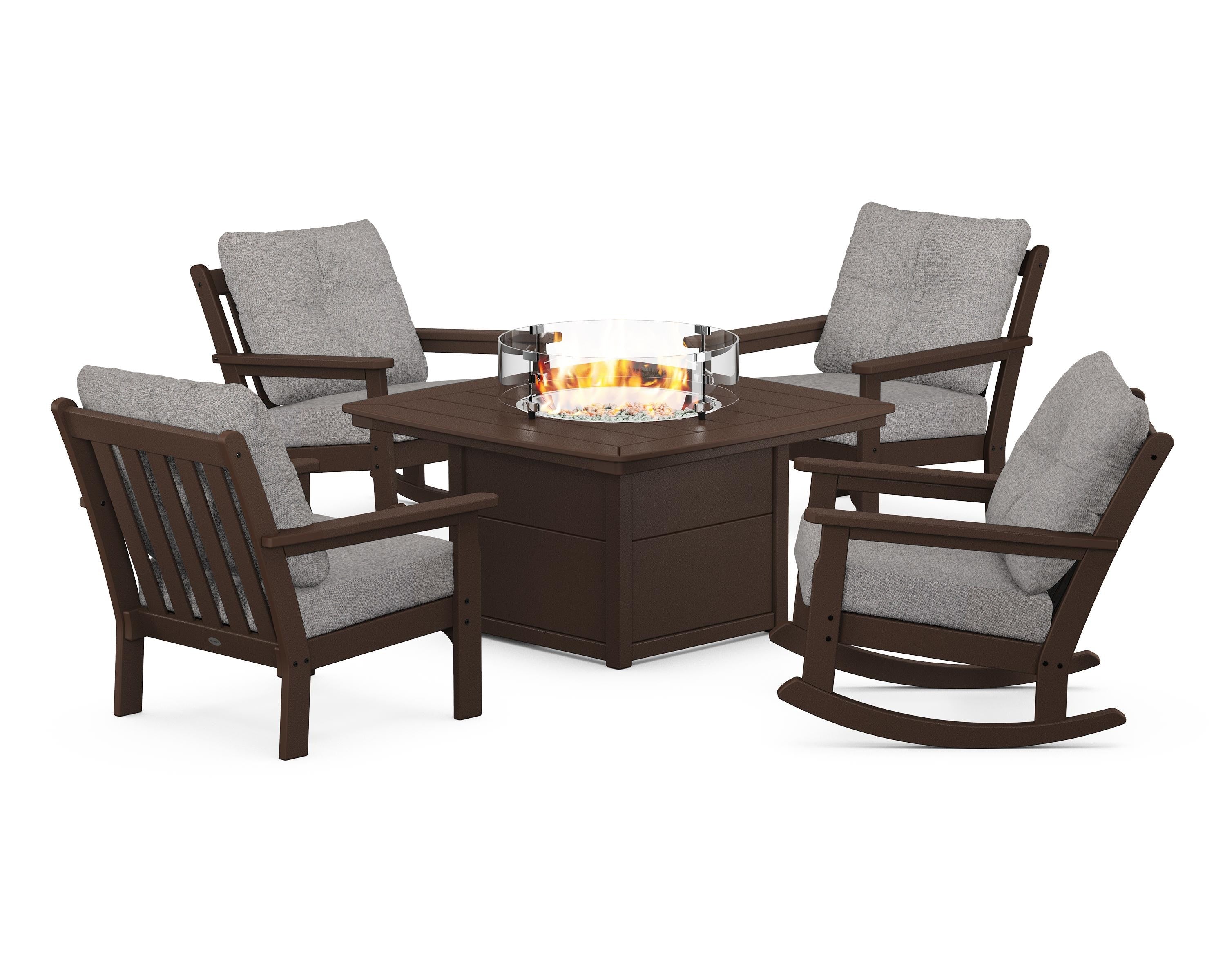 POLYWOOD Vineyard 5-Piece Deep Seating Rocking Chair Conversation Set with Fire Pit Table in Mahogany / Grey Mist