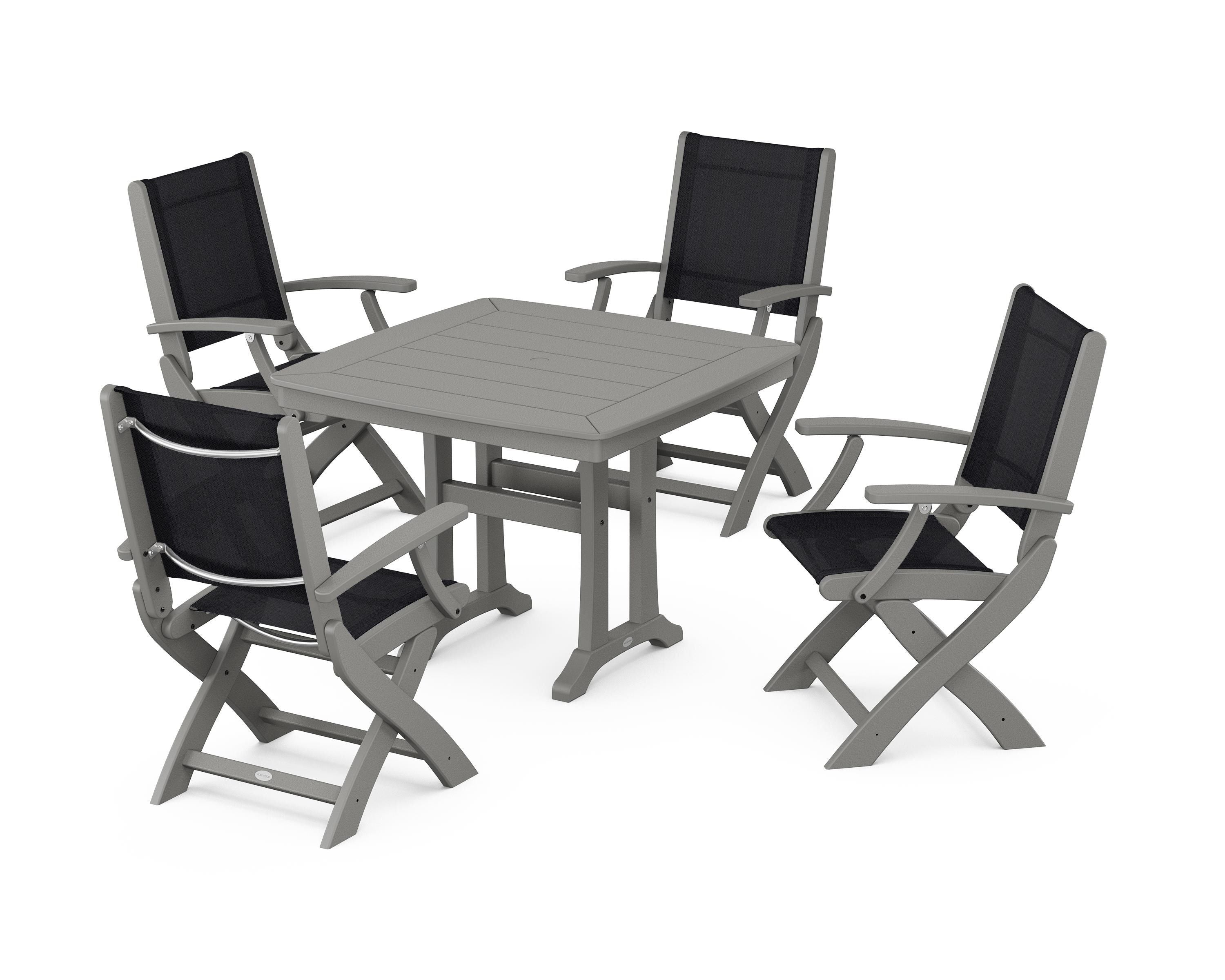 POLYWOOD Coastal Folding Chair 5-Piece Dining Set with Trestle Legs in Slate Grey / Black Sling