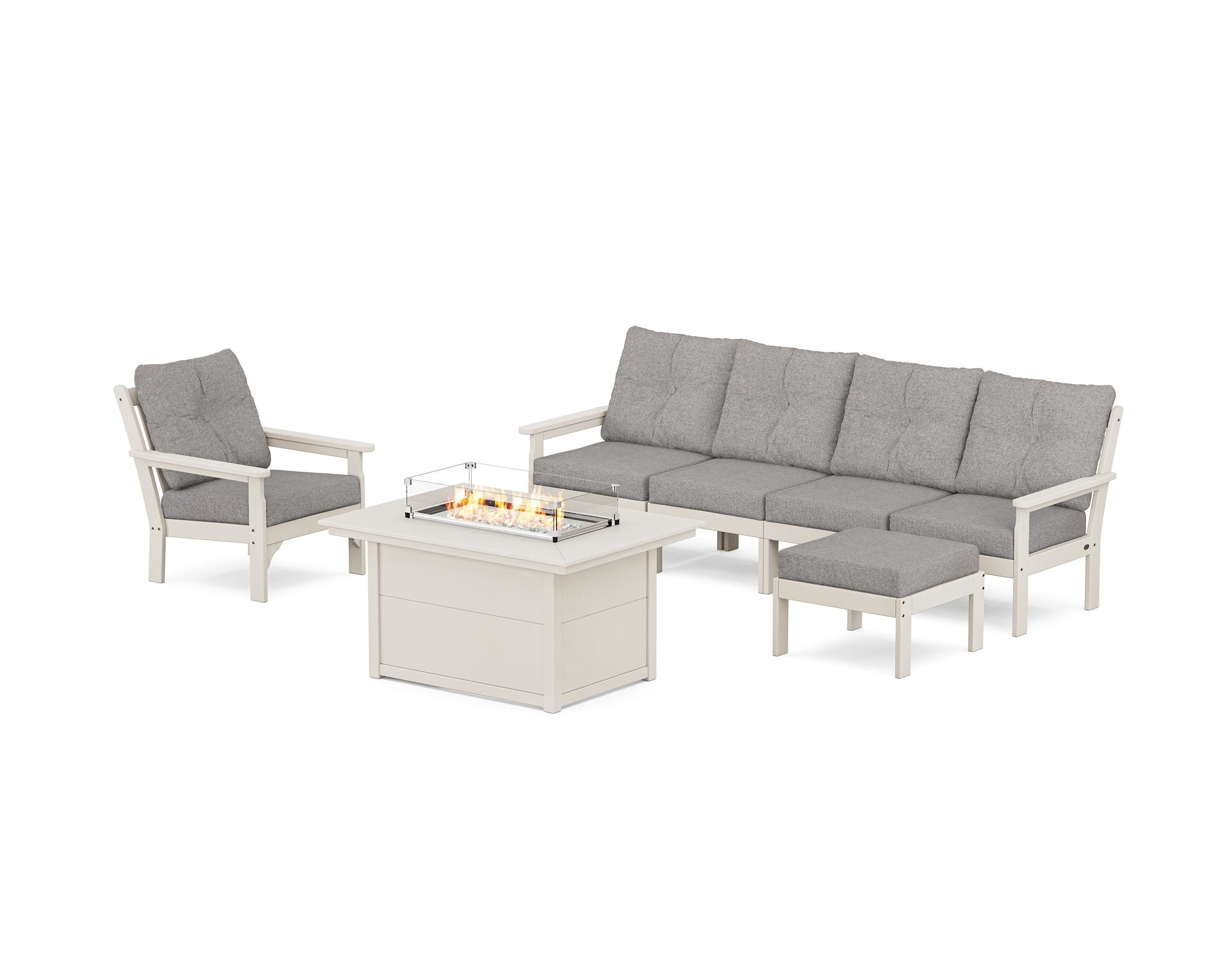 POLYWOOD Vineyard Sectional Lounge and Fire Pit Set in Sand / Grey Mist