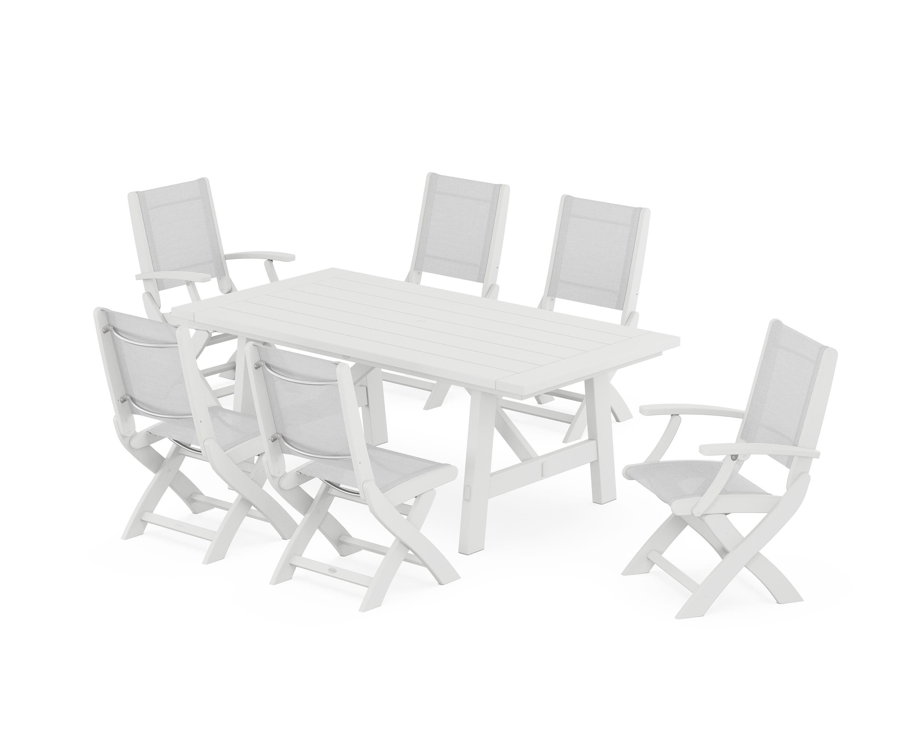 POLYWOOD Coastal Folding Chair 7-Piece Rustic Farmhouse Dining Set in White / White Sling