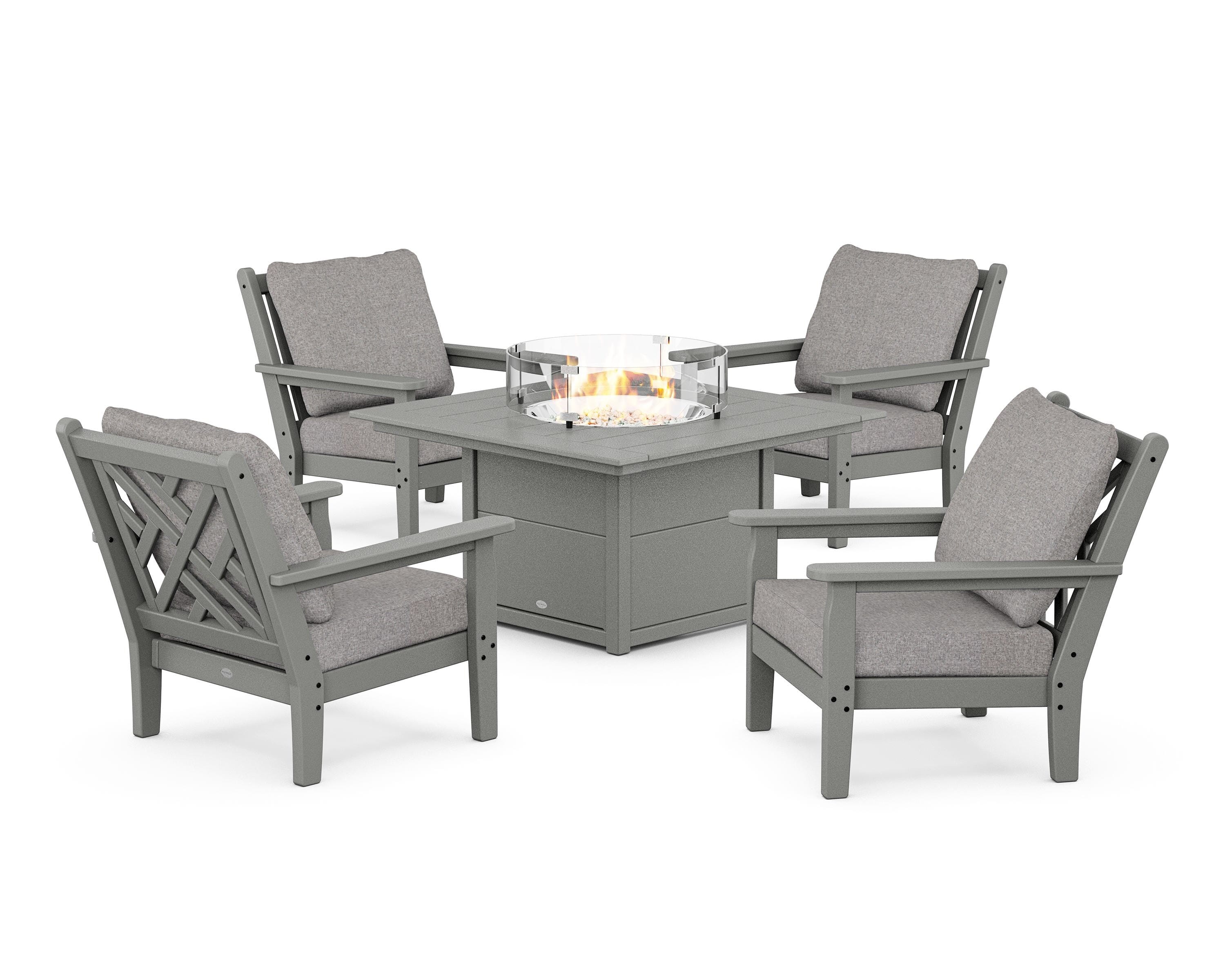 POLYWOOD Chippendale 5-Piece Deep Seating Set with Fire Pit Table in Slate Grey / Grey Mist