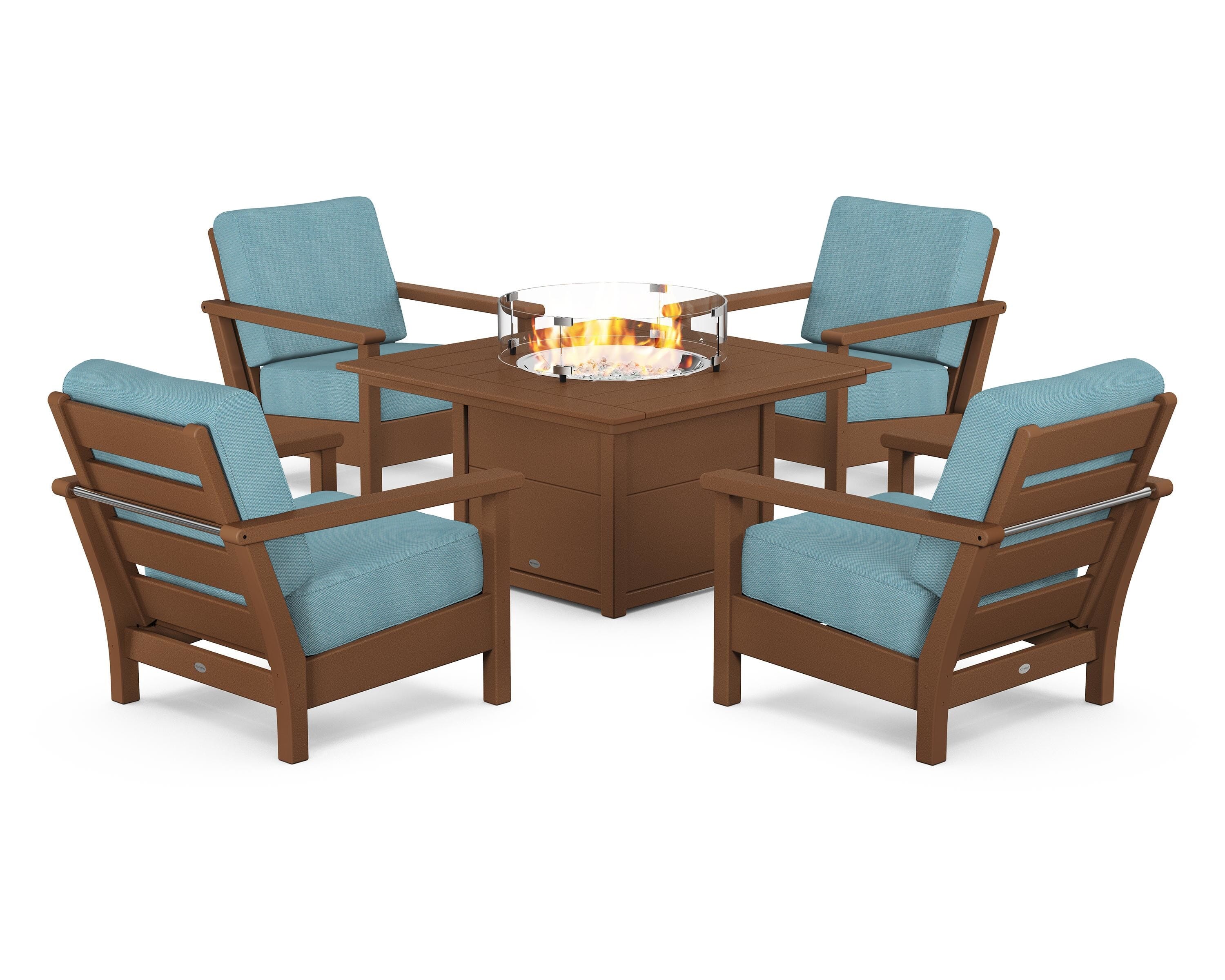 POLYWOOD Harbour 5-Piece Conversation Set with Fire Pit Table in Teak / Lattice Sky Blue