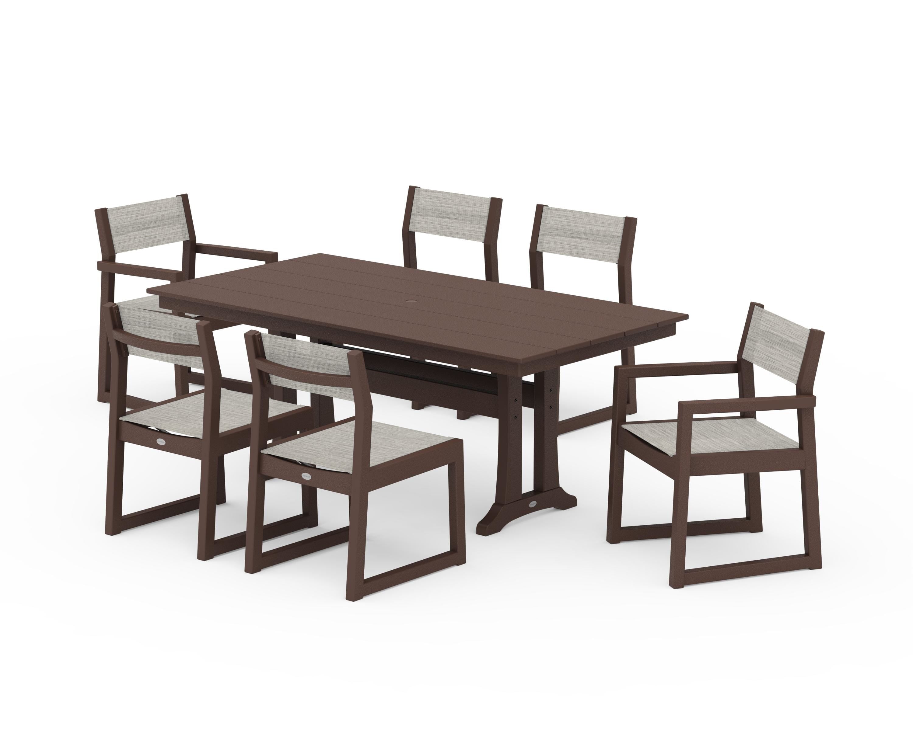 POLYWOOD EDGE Sling 7-Piece Farmhouse Trestle Dining Set in Mahogany / Birch Sling