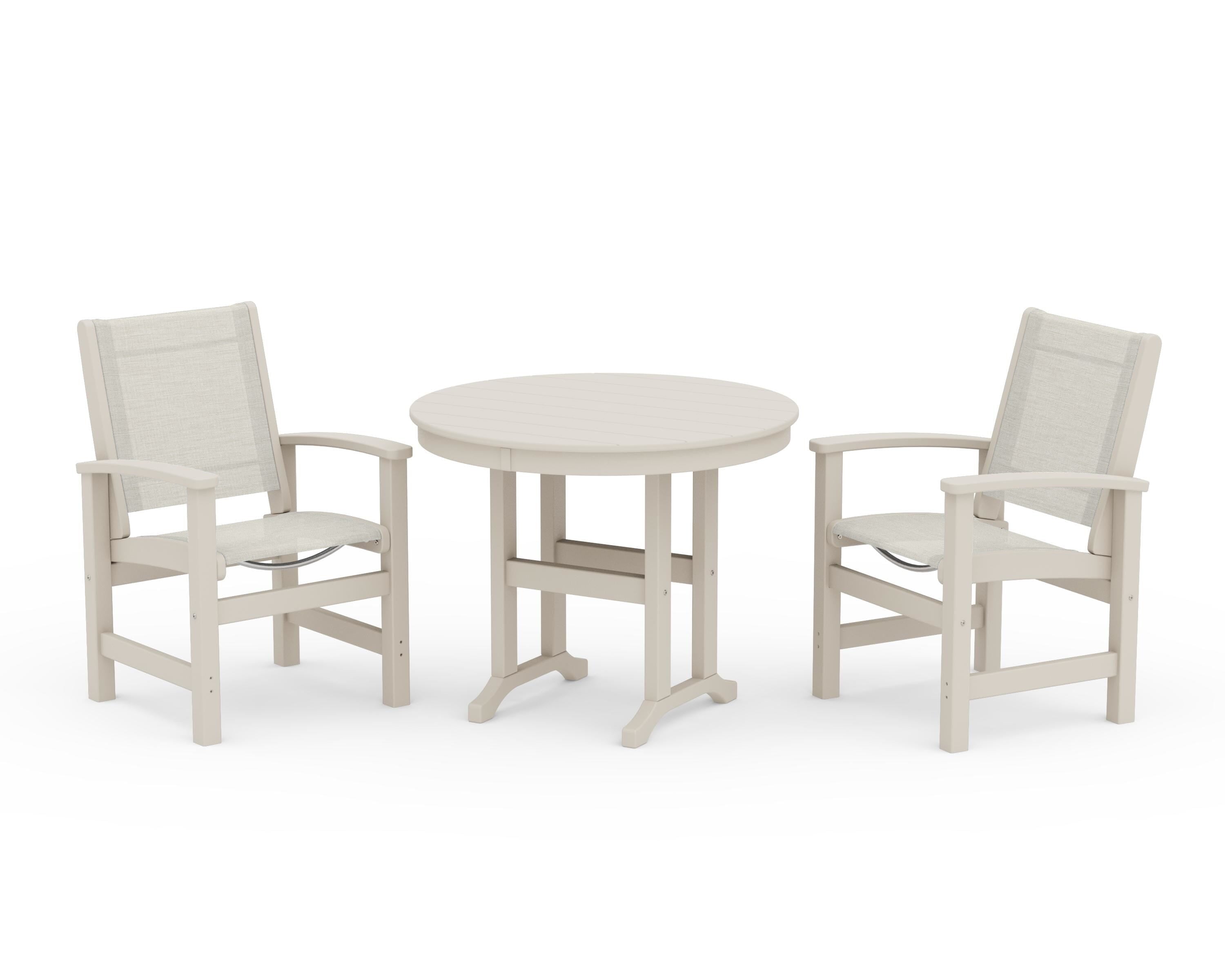 POLYWOOD Coastal 3-Piece Round Dining Set in Sand / Parchment Sling