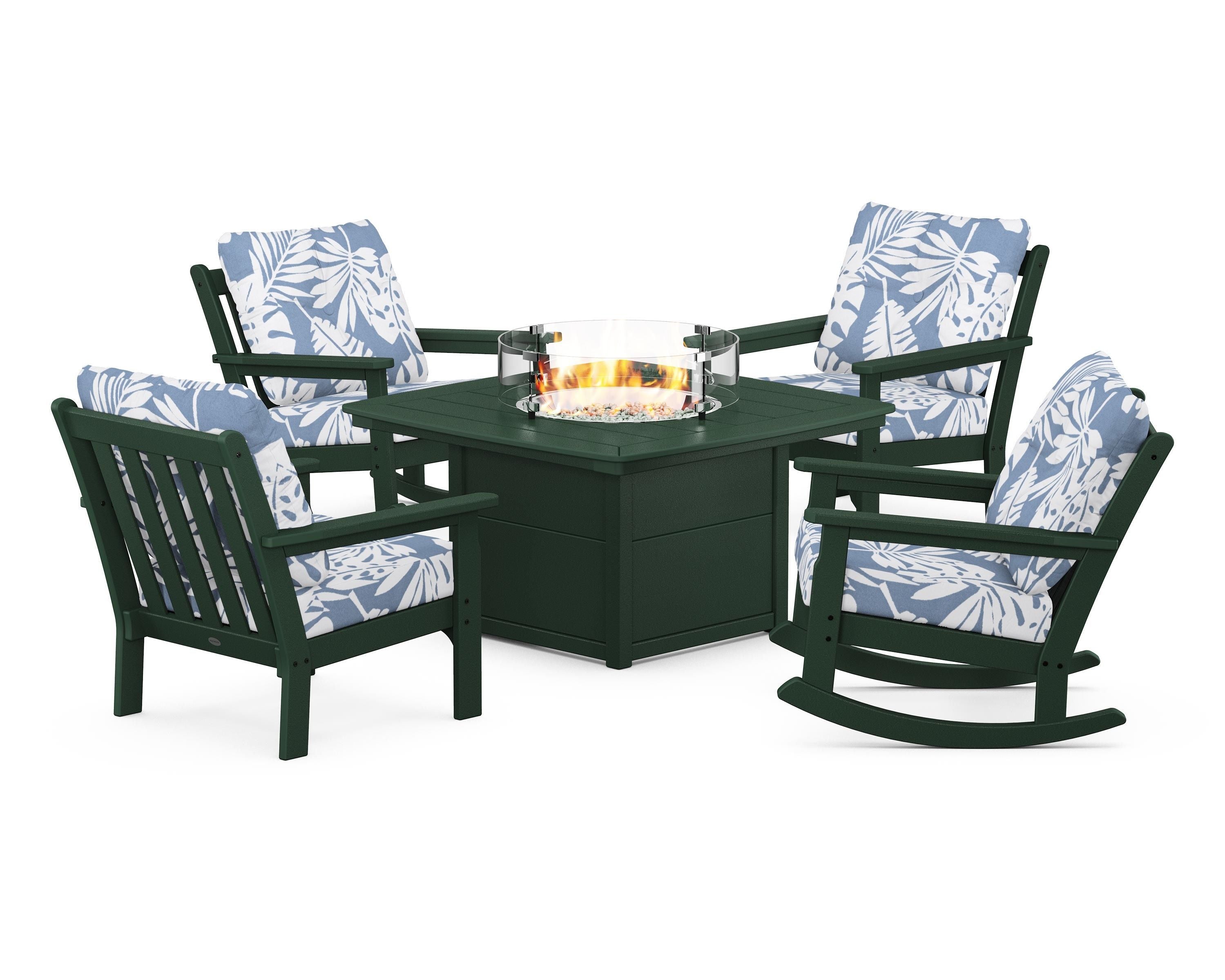 POLYWOOD Vineyard 5-Piece Deep Seating Rocking Chair Conversation Set with Fire Pit Table in Green / Leaf Sky Blue