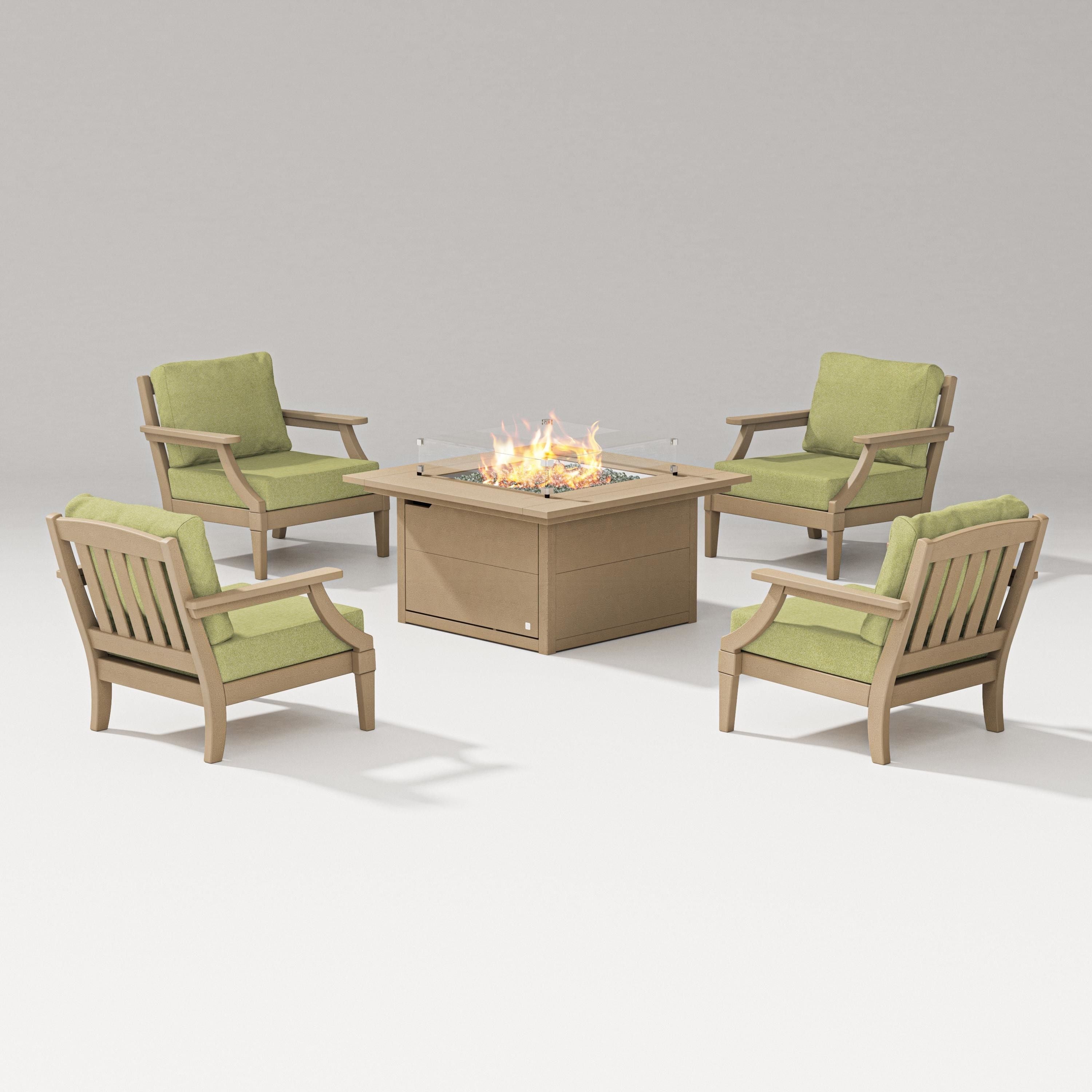 PW Designer Series Estate 5-Piece Lounge Fire Table Set in Vintage Sahara / Chartreuse Boucle