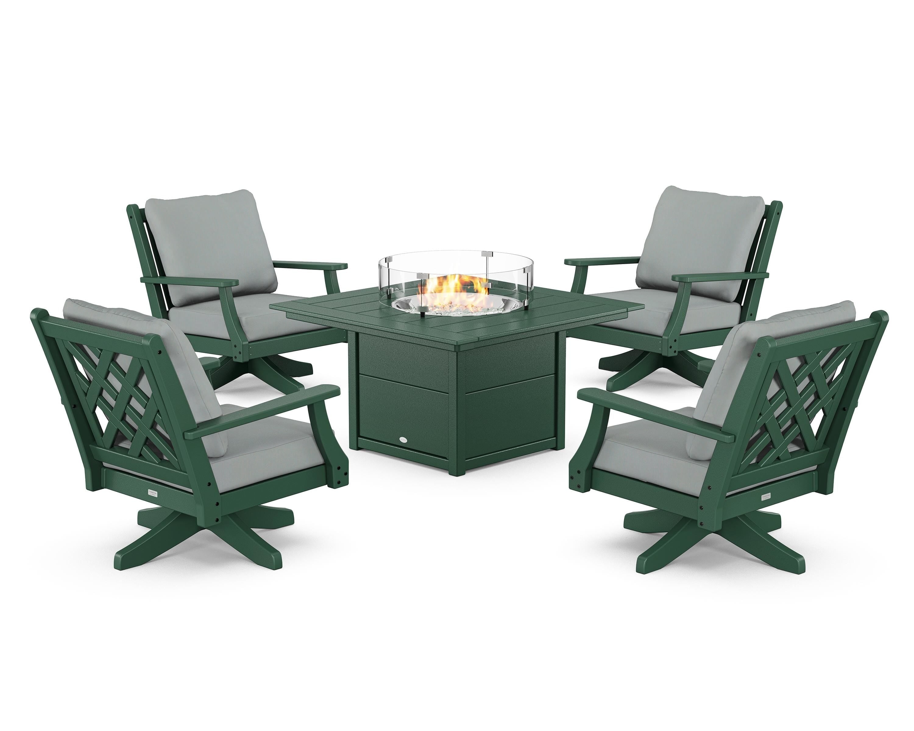 Country Living Wovendale 5-Piece Deep Seating Swivel Conversation Set with Fire Pit Table in Green / Spa