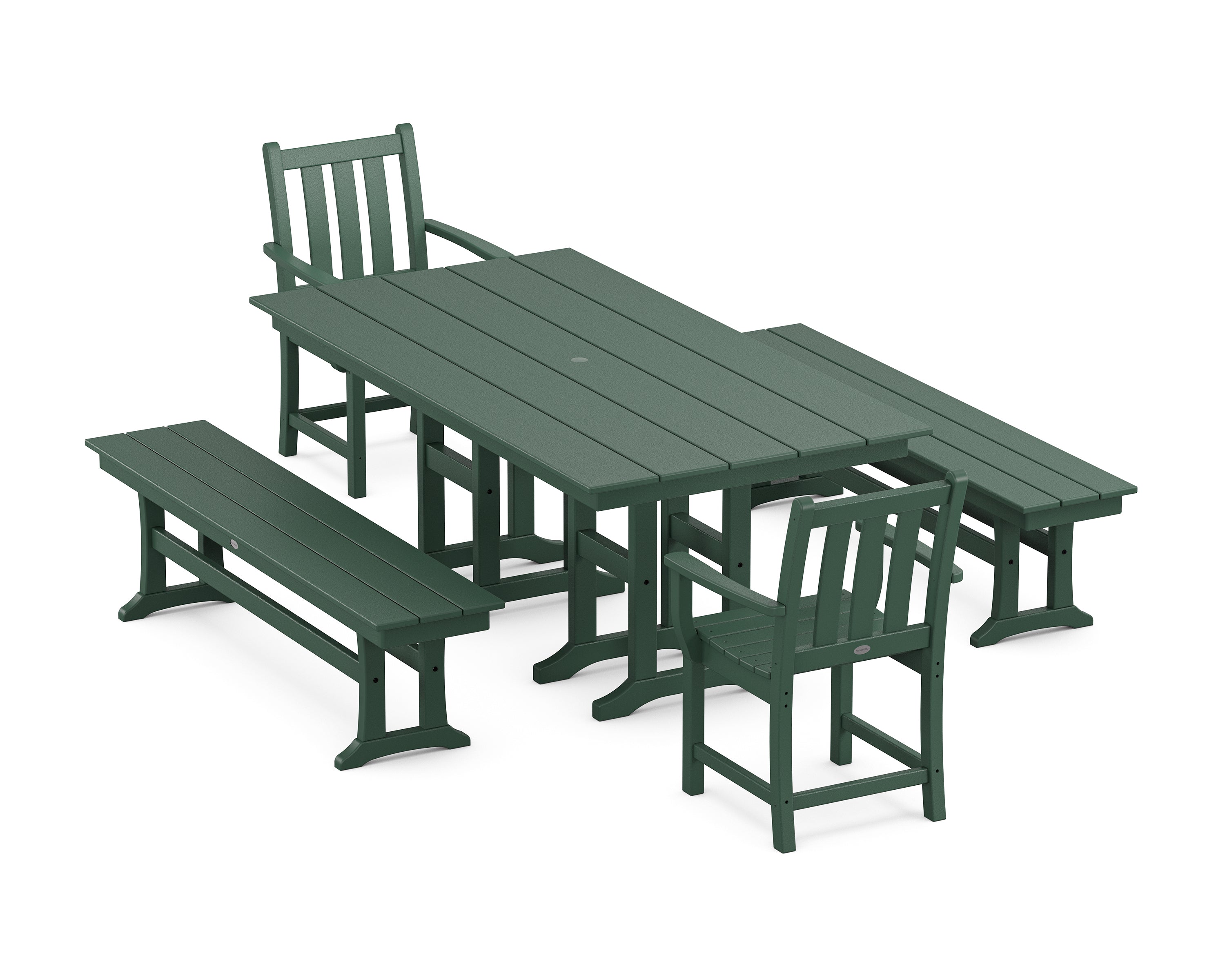 POLYWOOD® Traditional Garden 5-Piece Farmhouse Dining Set with Benches in Green