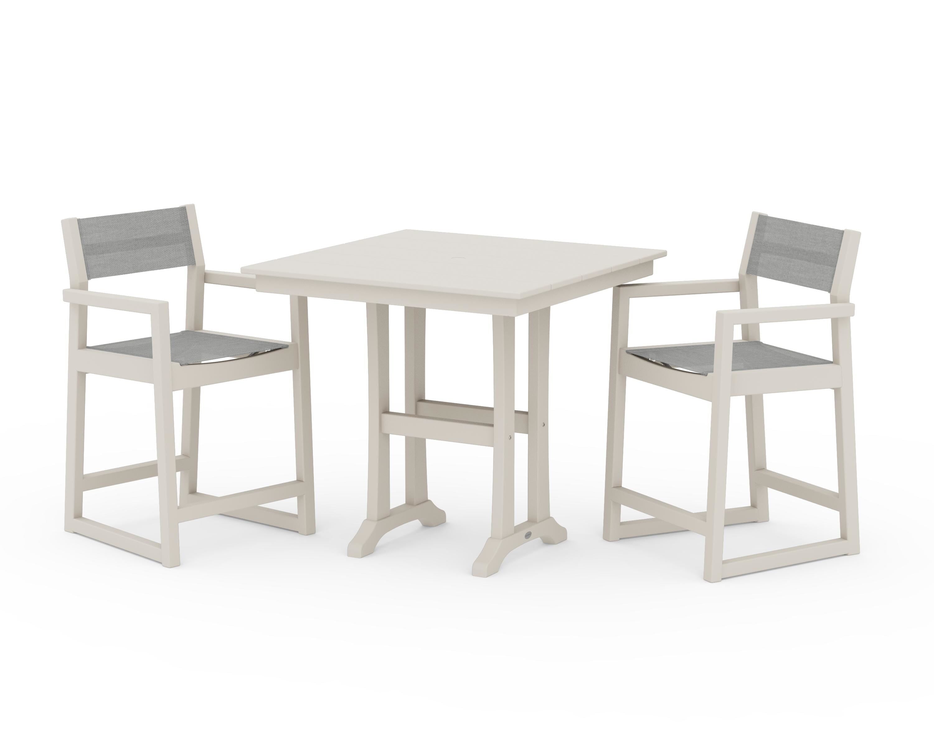 POLYWOOD EDGE Sling Arm Chair 3-Piece Farmhouse Counter Set with Trestle Legs in Sand / Metallic Sling