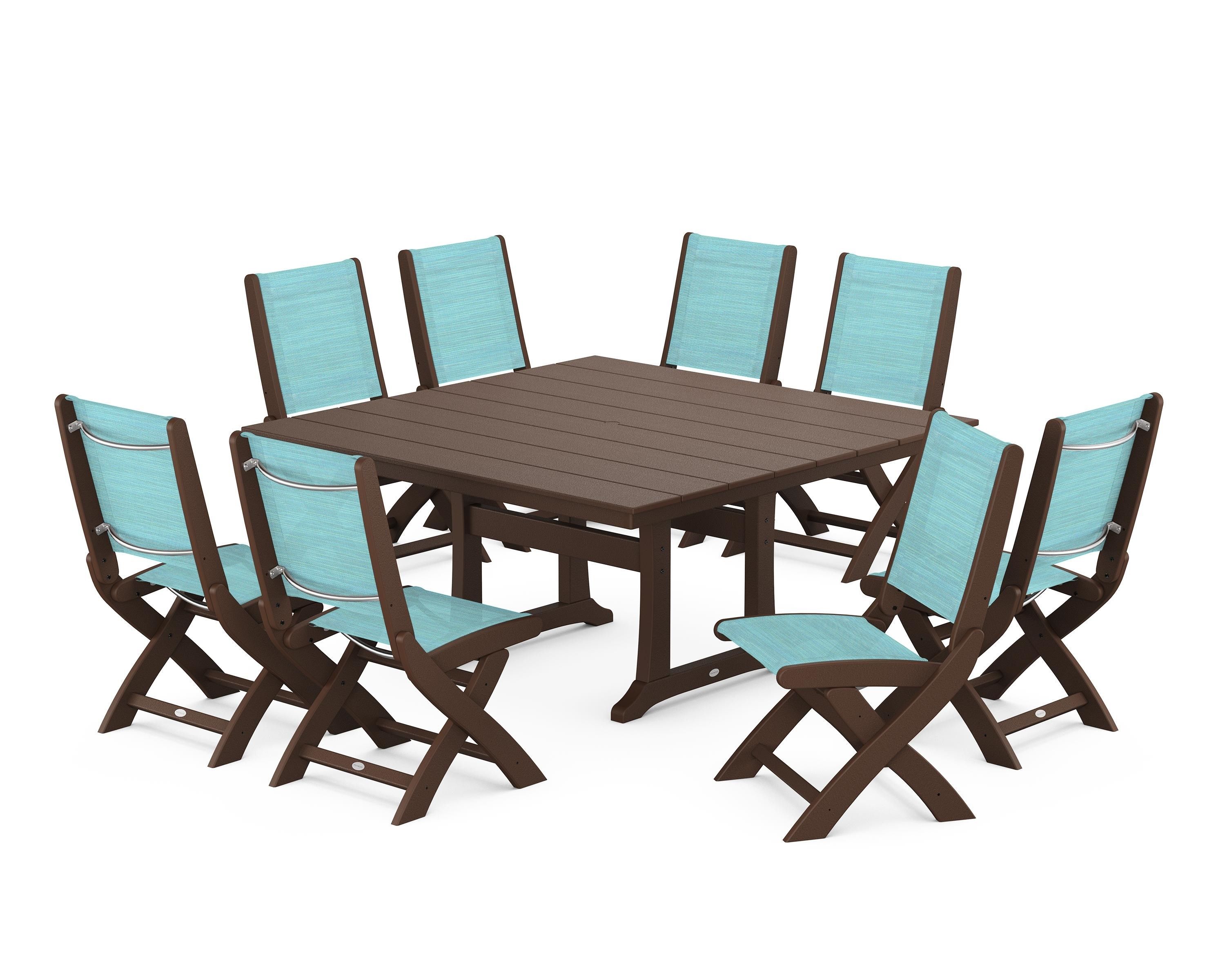 POLYWOOD Coastal Folding Side Chair 9-Piece Farmhouse Dining Set in Mahogany / Dupioni Aquamarine Sling