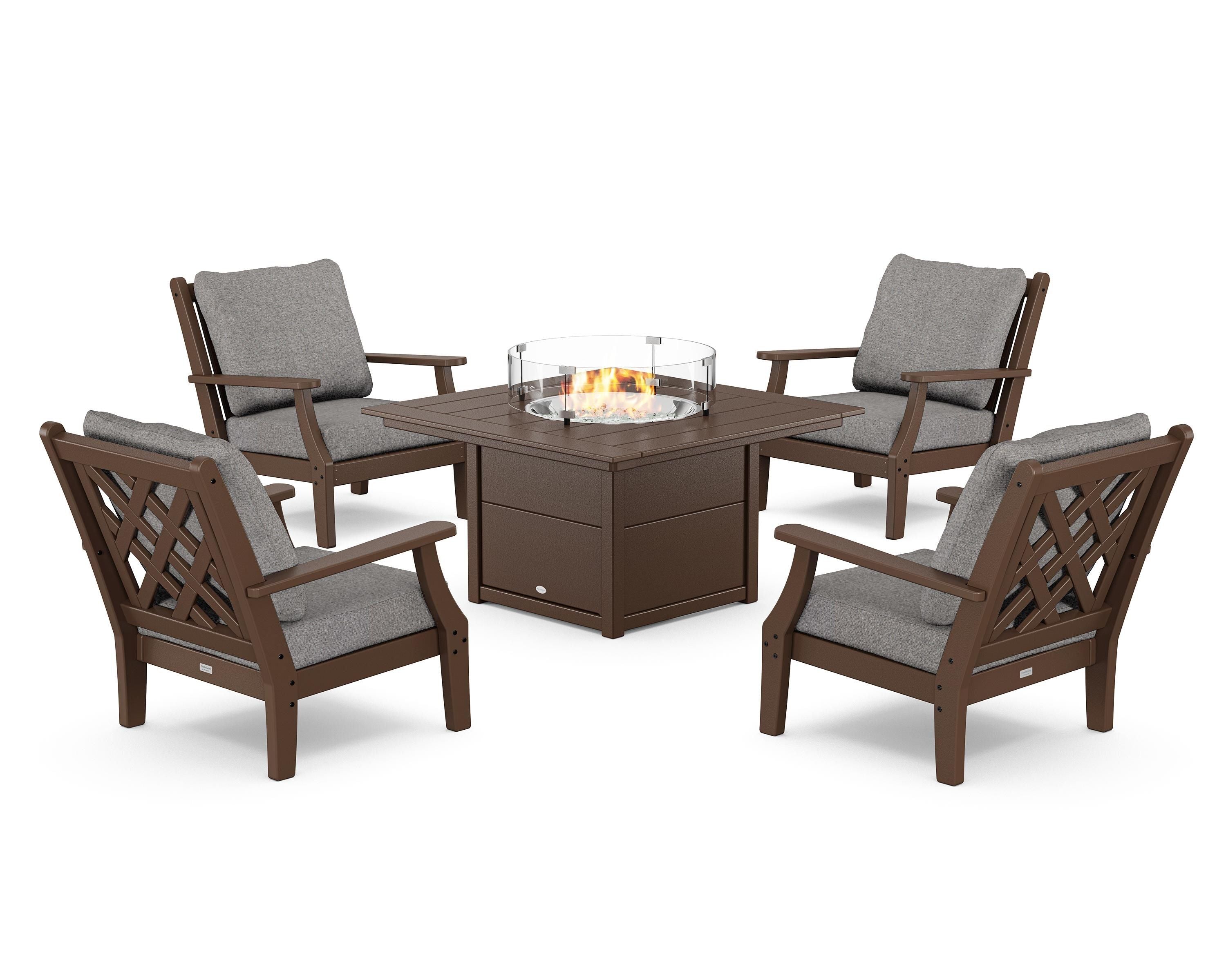Country Living Wovendale 5-Piece Deep Seating Set with Fire Pit Table in Mahogany / Grey Mist